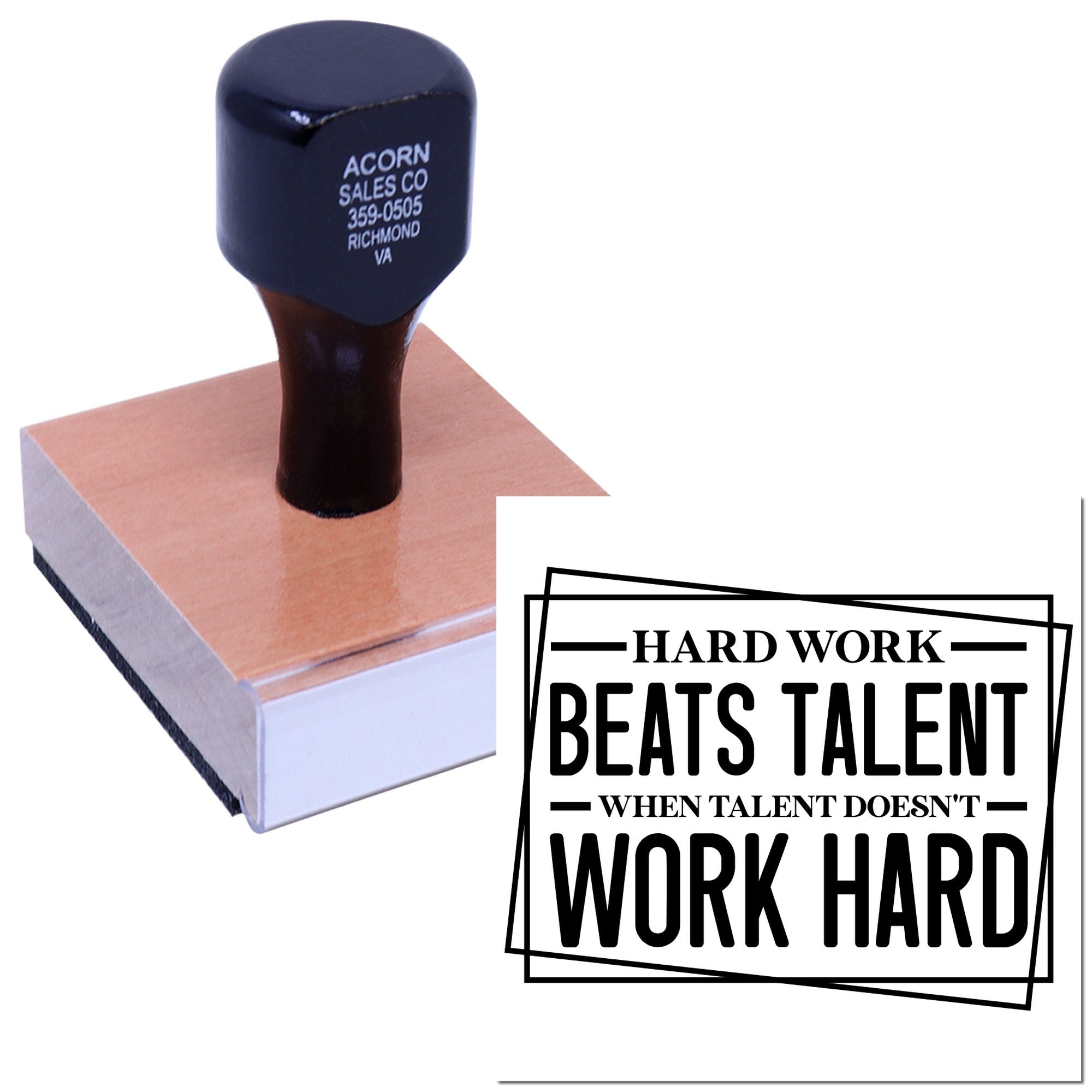 Custom self-inking rubber stamp with business logo and motivational quote imprint for personalized branding.