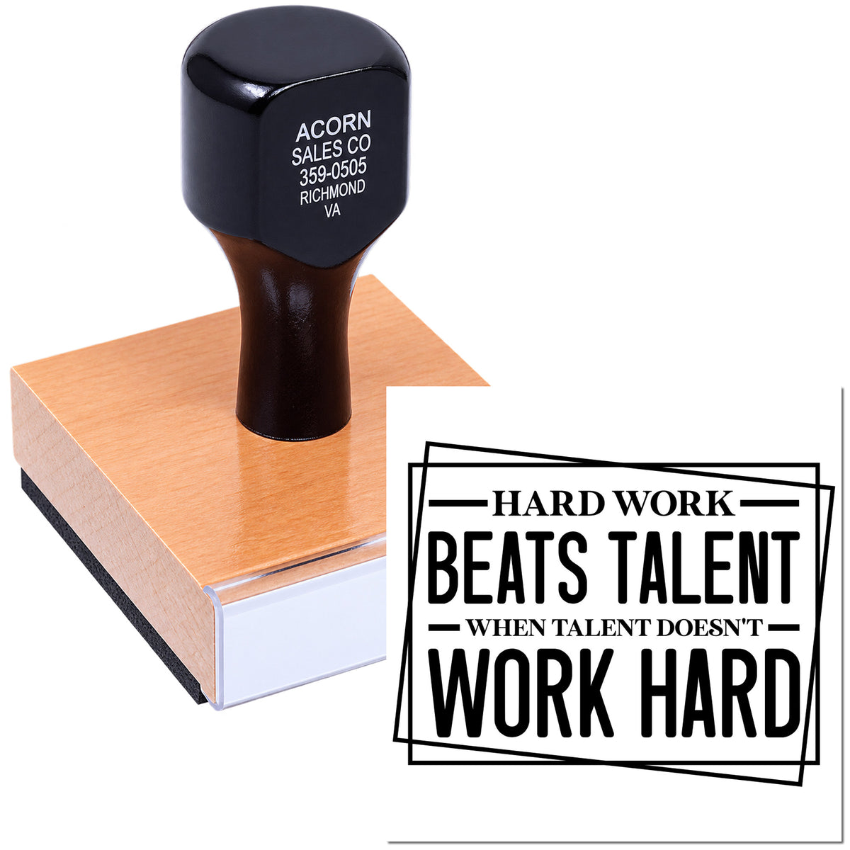 Custom self-inking rubber stamp with business logo and motivational quote imprint for personalized branding.