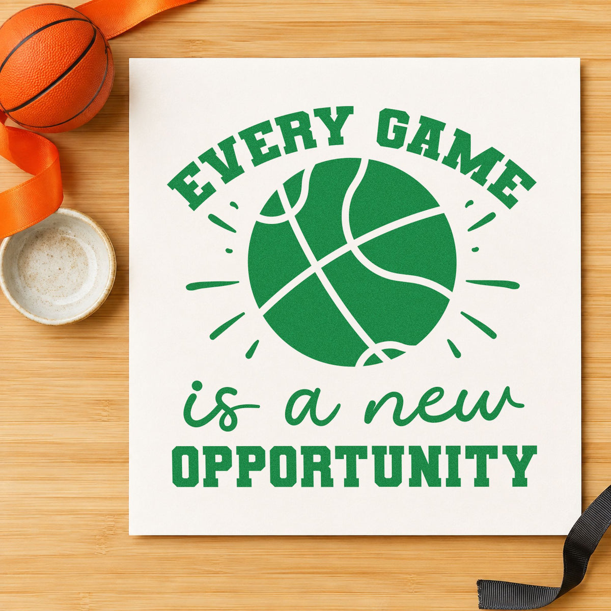 Every Game New Opportunity craft stamp in green ink on cardstock, an easy option for tournament album page.