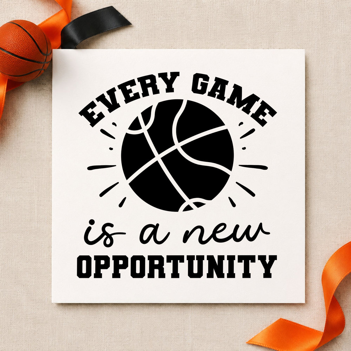 Every Game New Opportunity craft stamp imprint in black ink on a handmade project, one idea being team pack gift tags.