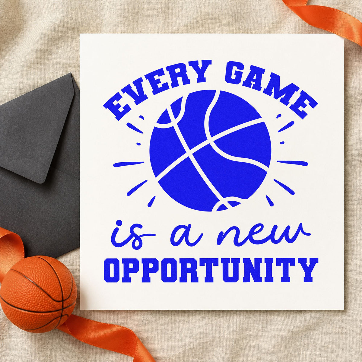 Every Game New Opportunity craft stamp imprinted in blue ink on paper, a design suited to framed sign in tent.