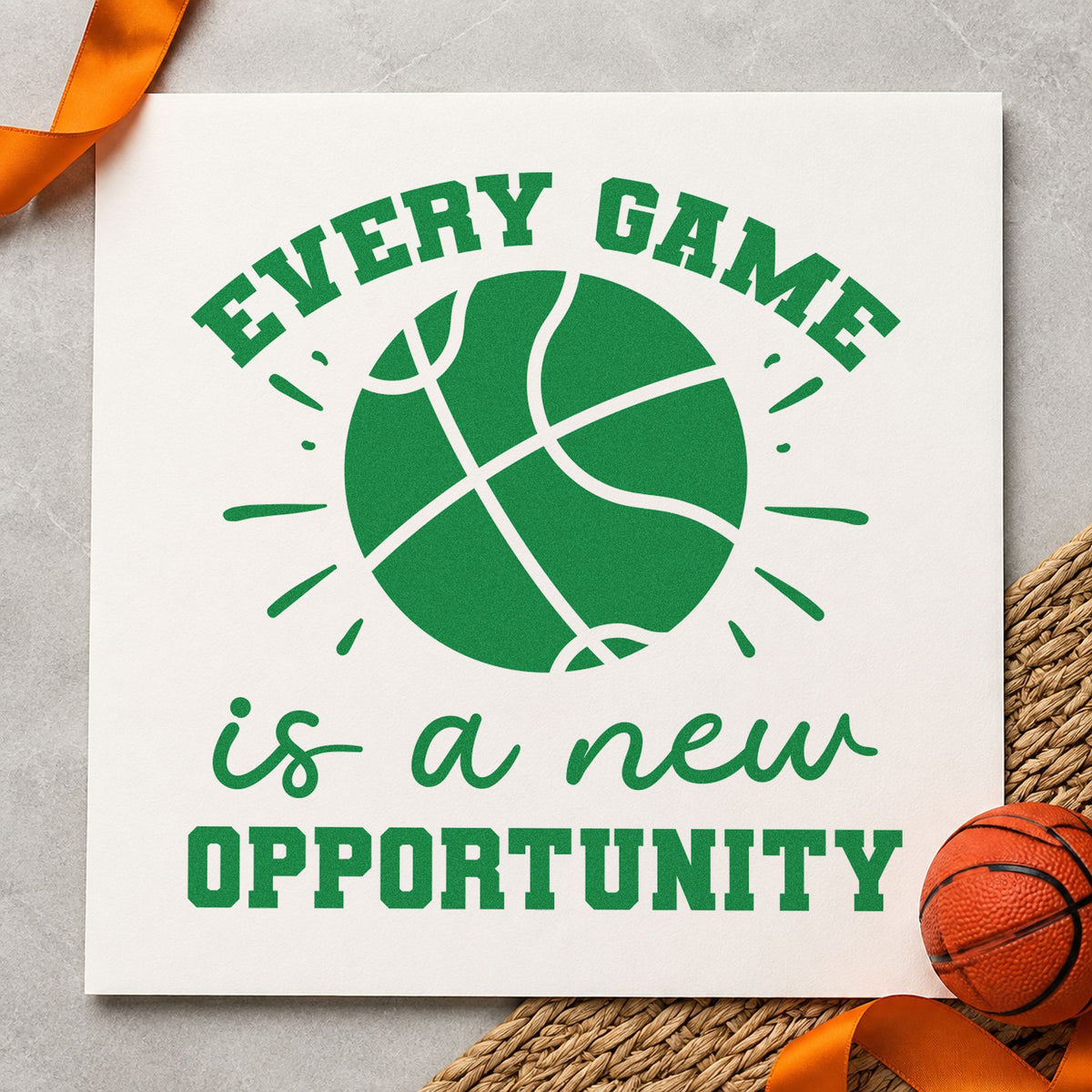 Every Game New Opportunity craft stamp imprint in green ink on a handmade project, one idea being bracket slip cards.