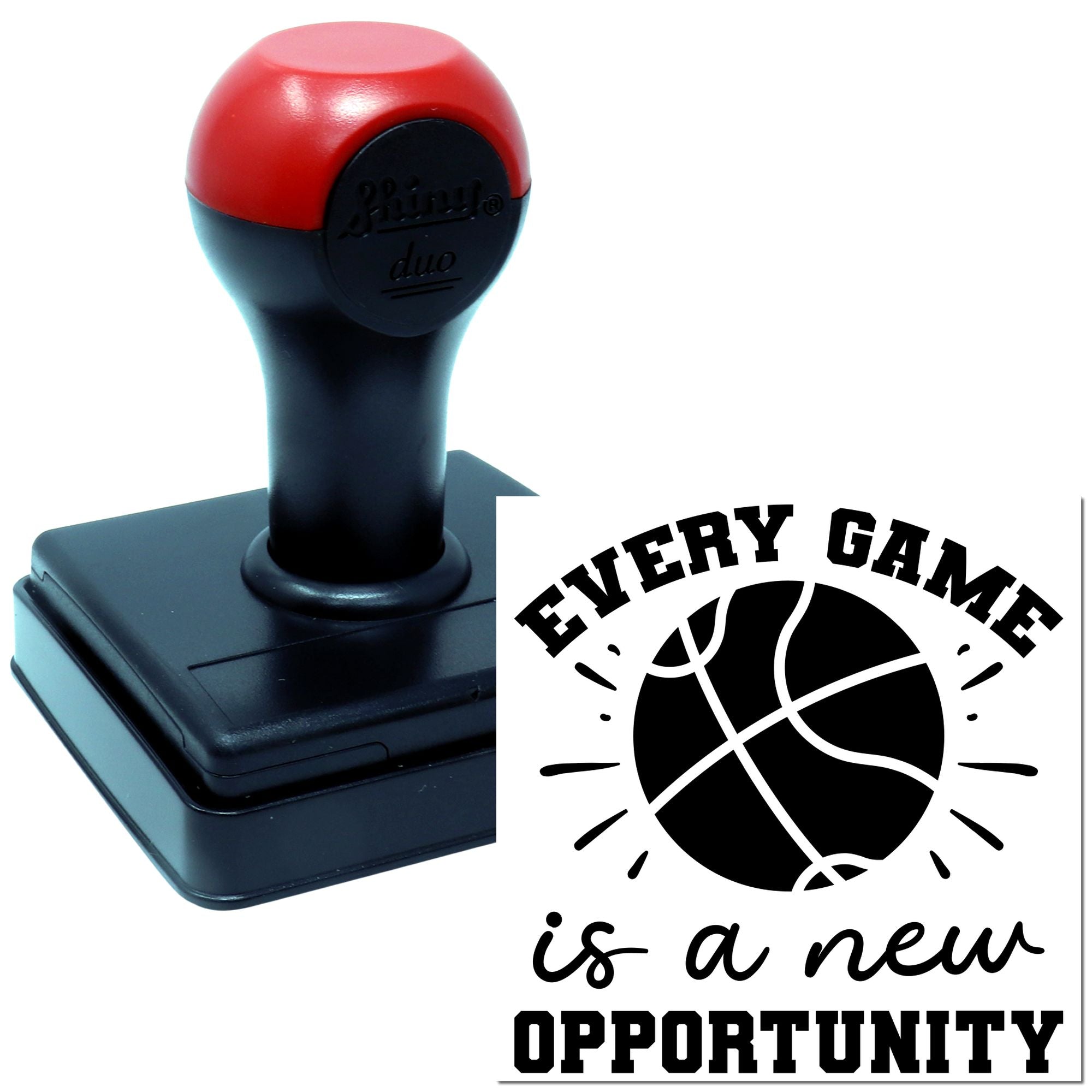 Self-inking basketball rubber stamp featuring Every Game Is a New Opportunity motivational sports design.