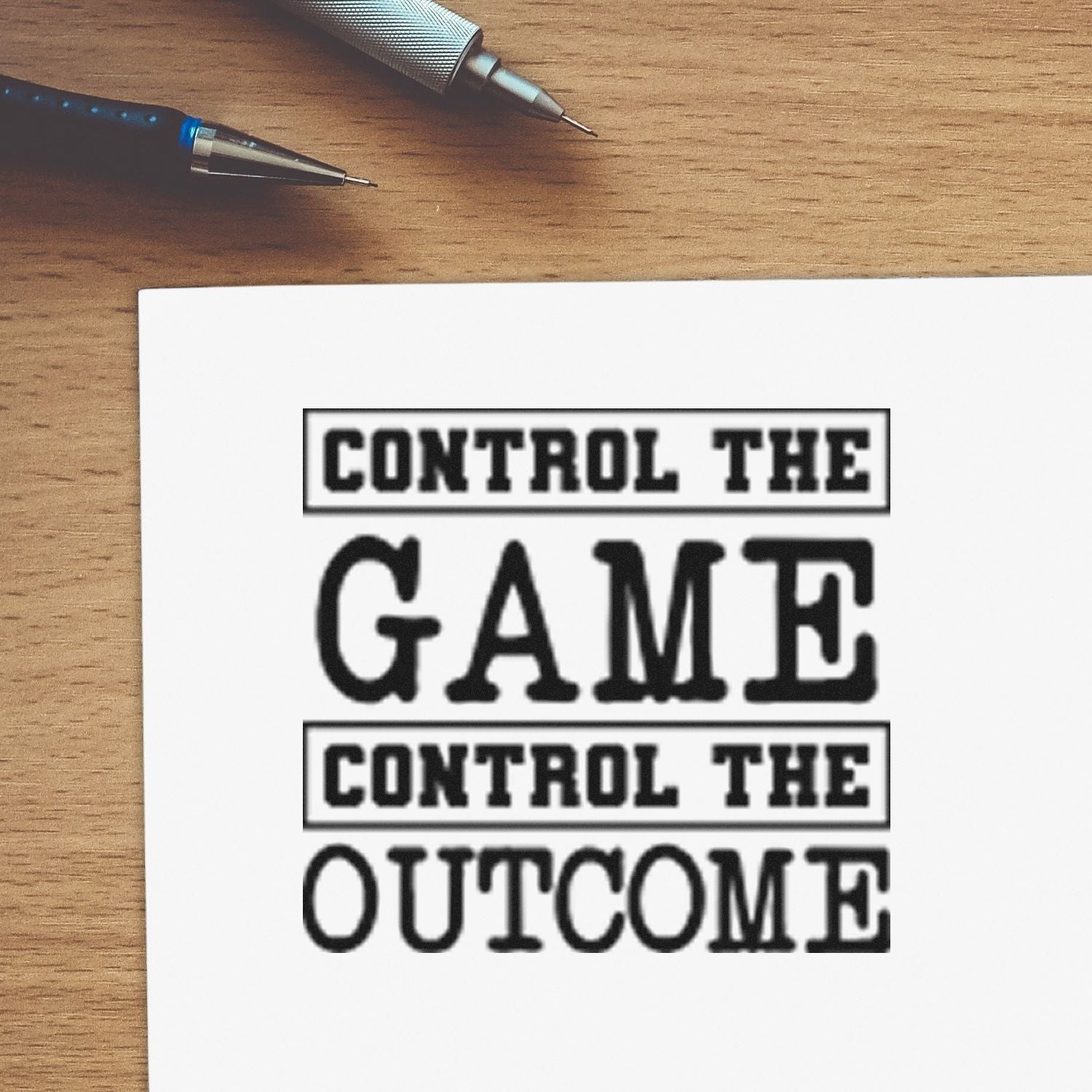 Custom rubber stamp design with Control the Game, Control the Outcome motivational quote for office or planner use