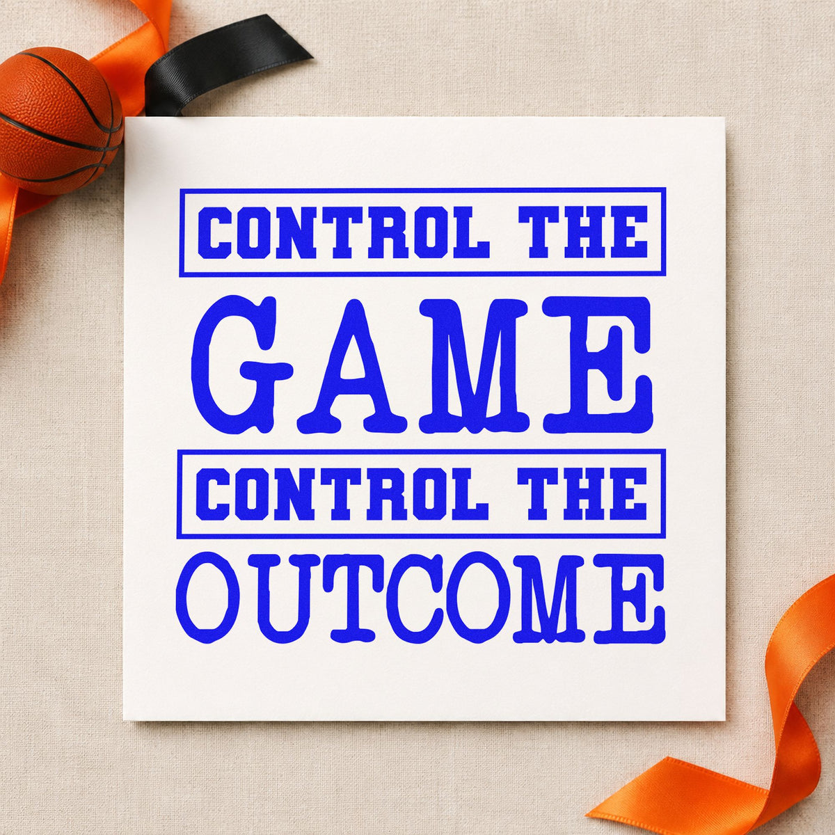 Control Game Control Outcome craft stamp imprinted in blue ink on paper, a design suited to framed coach office.