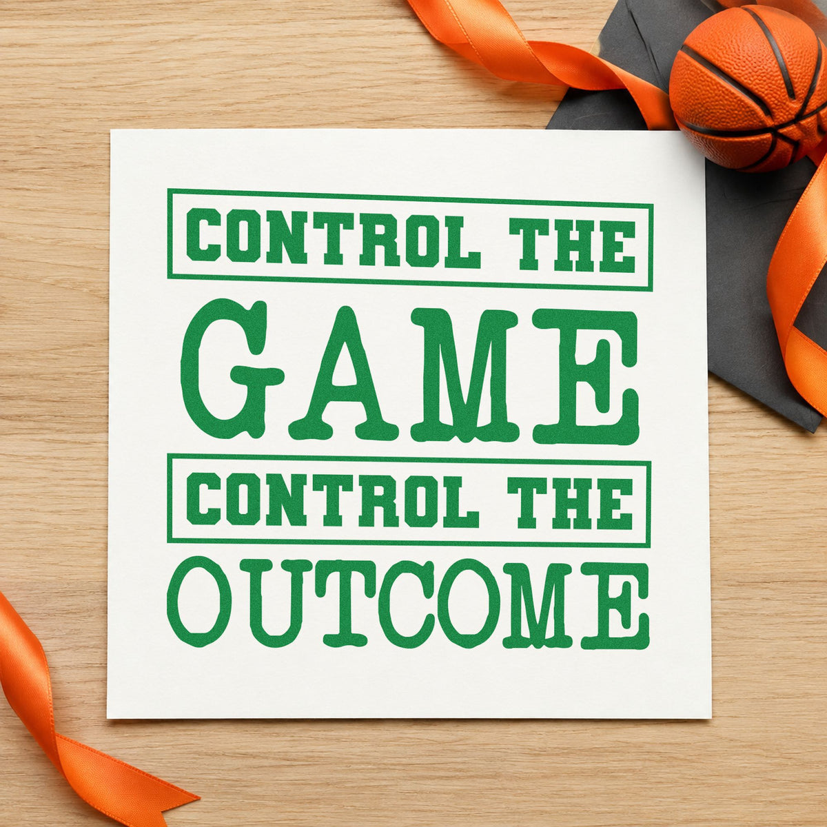 Control Game Control Outcome craft stamp imprint in green ink on a handmade project, one idea being play diagram cards.