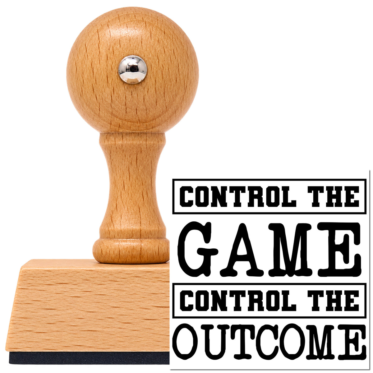 Control The Game Control The Outcome Vintage Pro rubber stamp in European beech wood with a round knob handle, shown beside its black imprint.