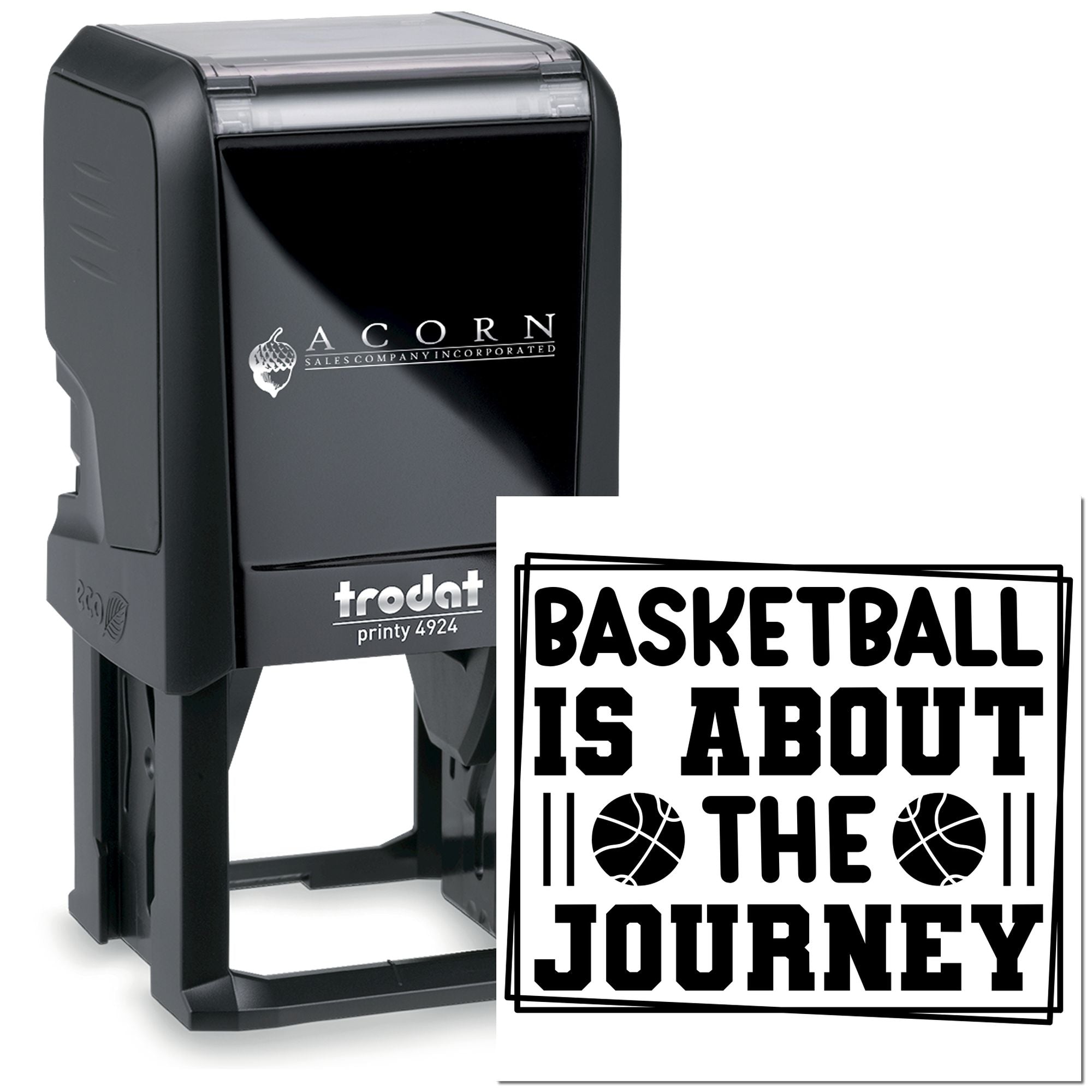 Custom basketball self-inking rubber stamp with Basketball Is About the Journey imprint for sports crafts and team use.