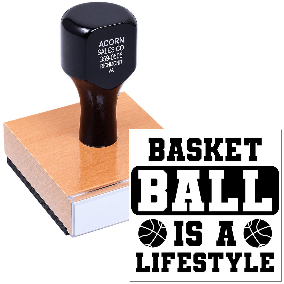 Custom basketball rubber stamp reading Basket Ball Is a Lifestyle with bold sports-themed text and basketball icons.