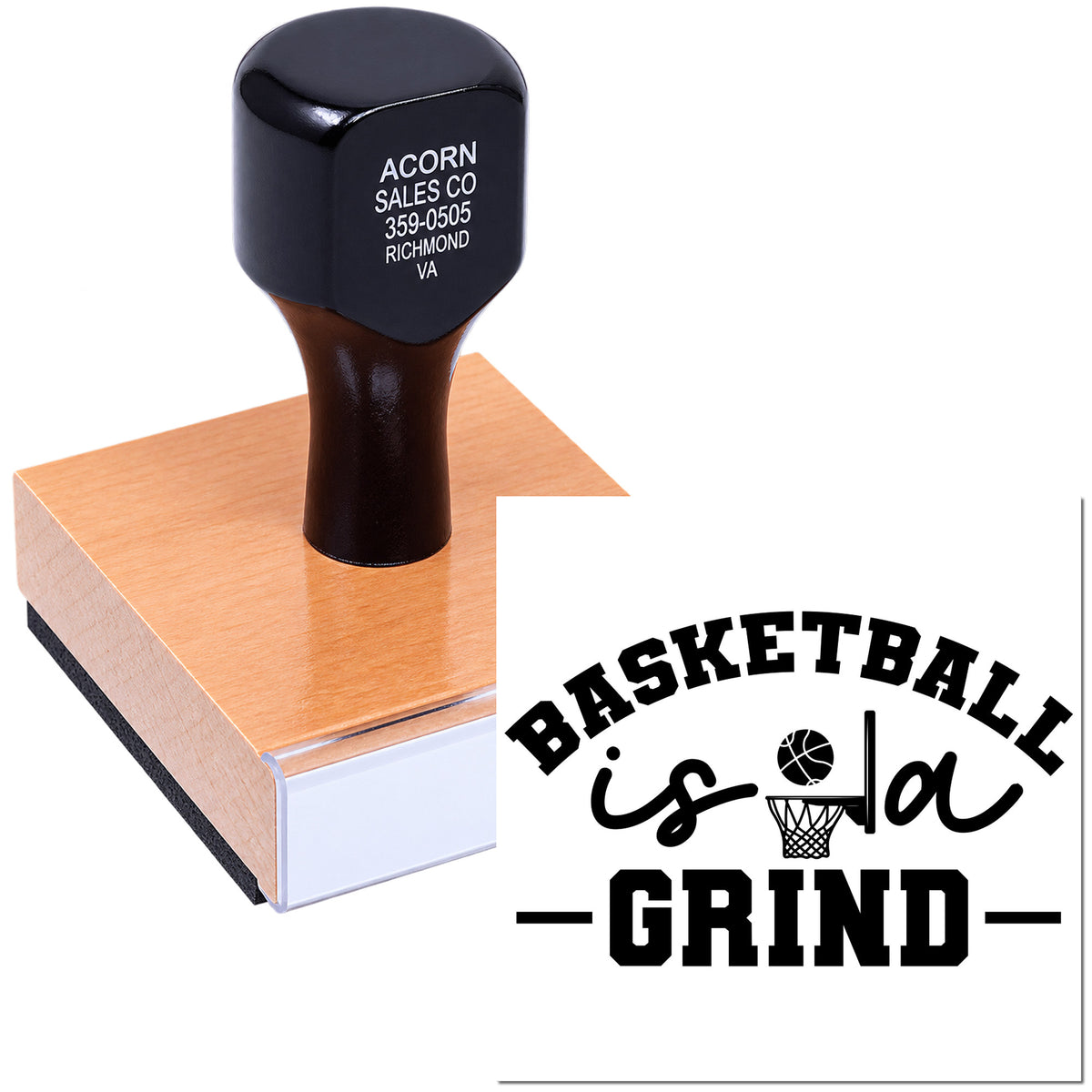 Custom basketball rubber stamp with Basketball is a Grind design for sports team branding, crafts, and promotions.