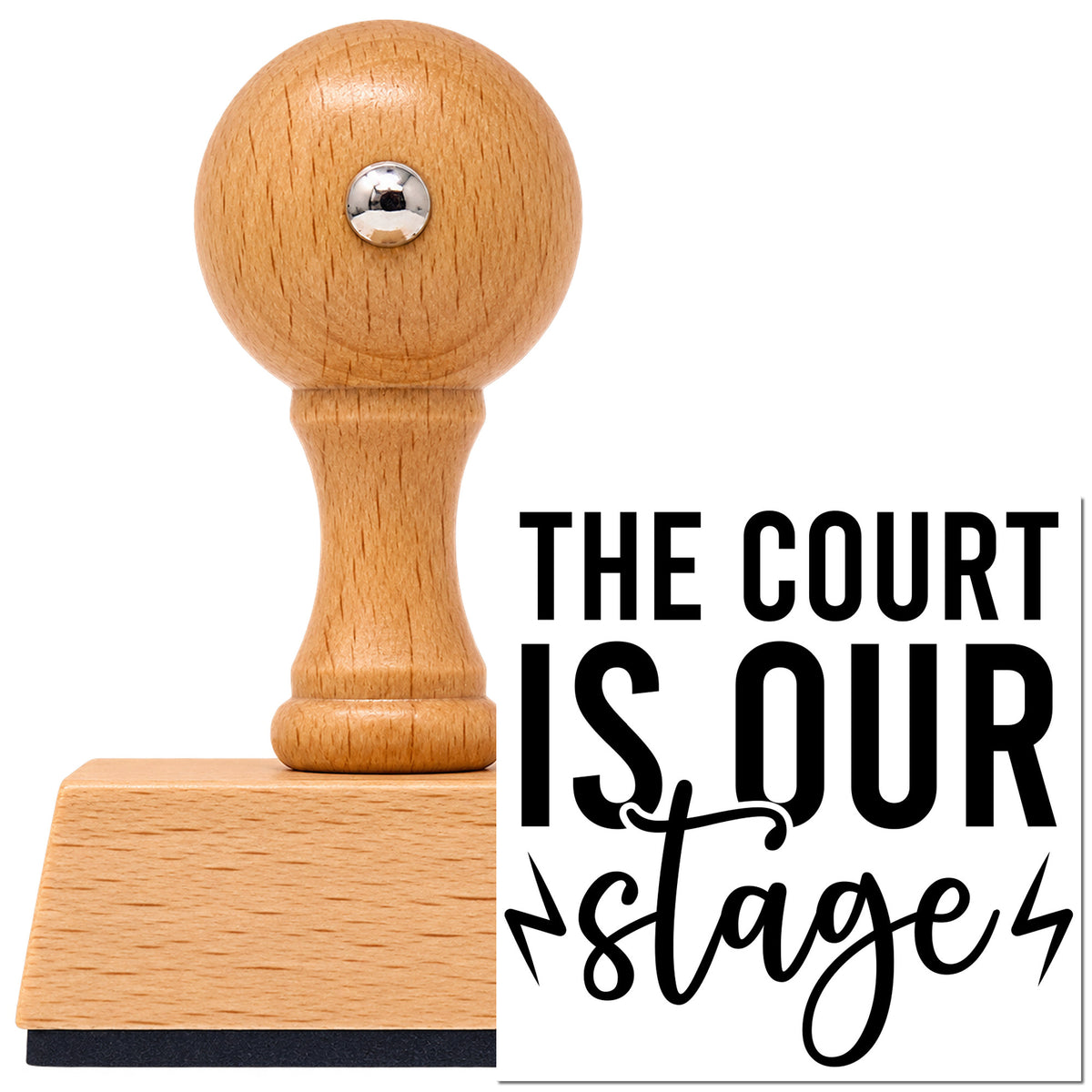 Court Is Our Stage Vintage Pro rubber stamp in European beech wood with a round knob handle, shown beside its black imprint.
