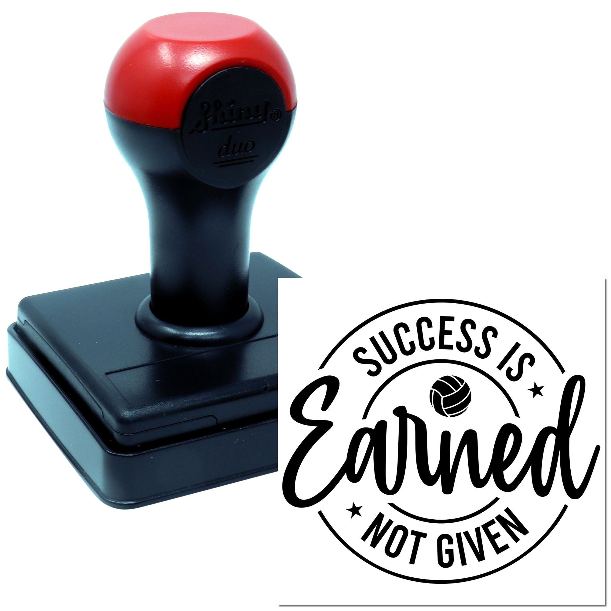 Custom self-inking rubber stamp with Success Is Earned Not Given volleyball design for coaches, teams, and awards.