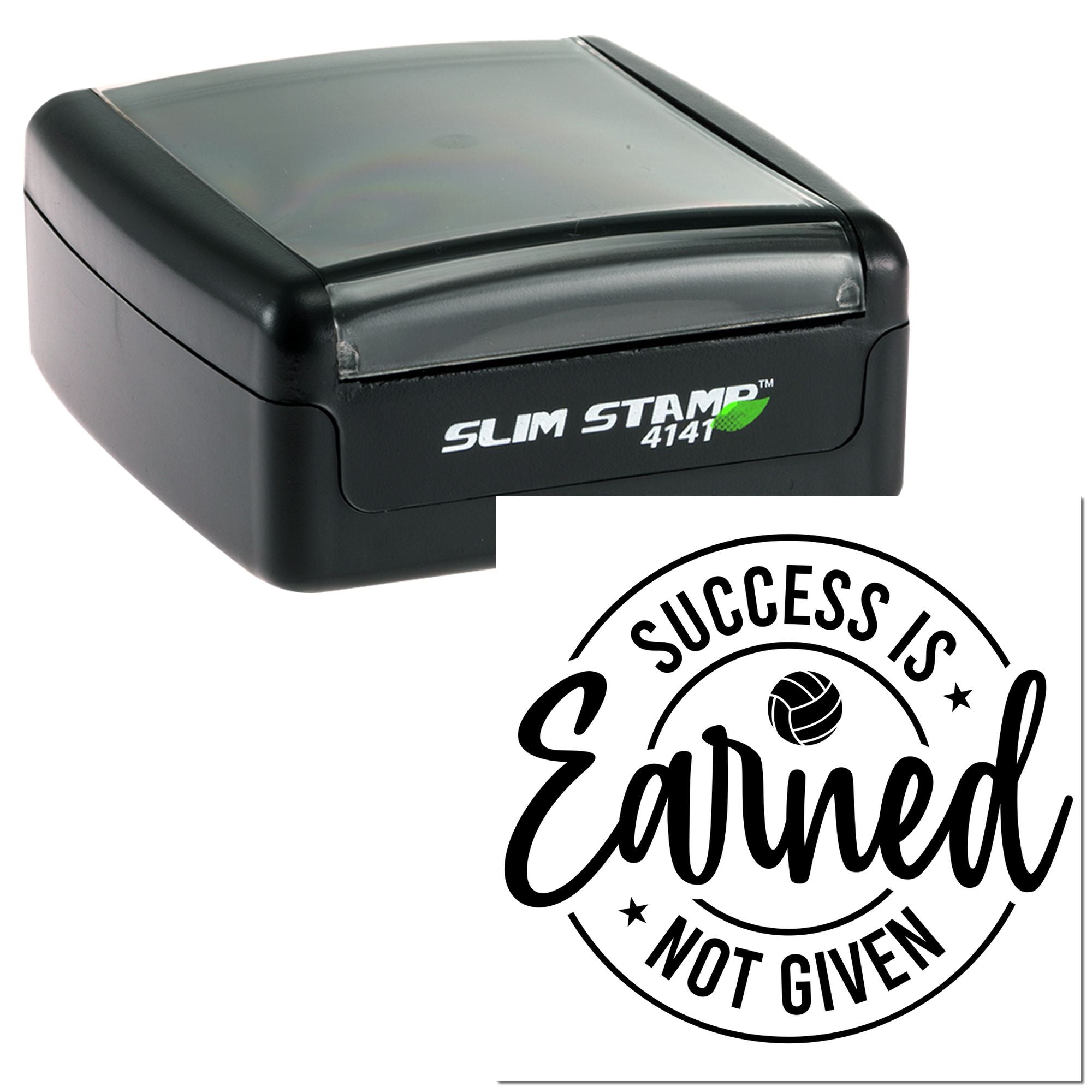 Slim self-inking rubber stamp with Success Is Earned Not Given volleyball design for sports motivation.