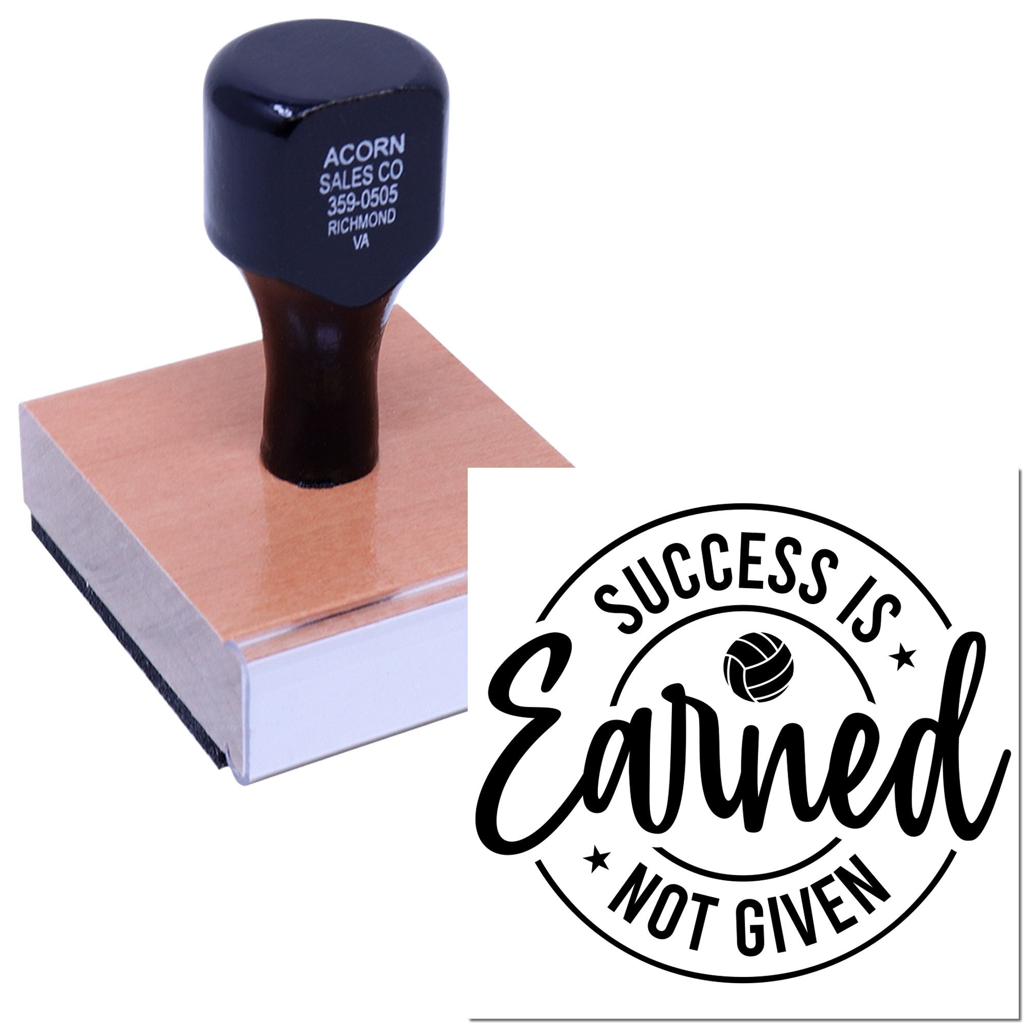 Custom rubber stamp with Success Is Earned Not Given design for motivational branding, business use, or awards.
