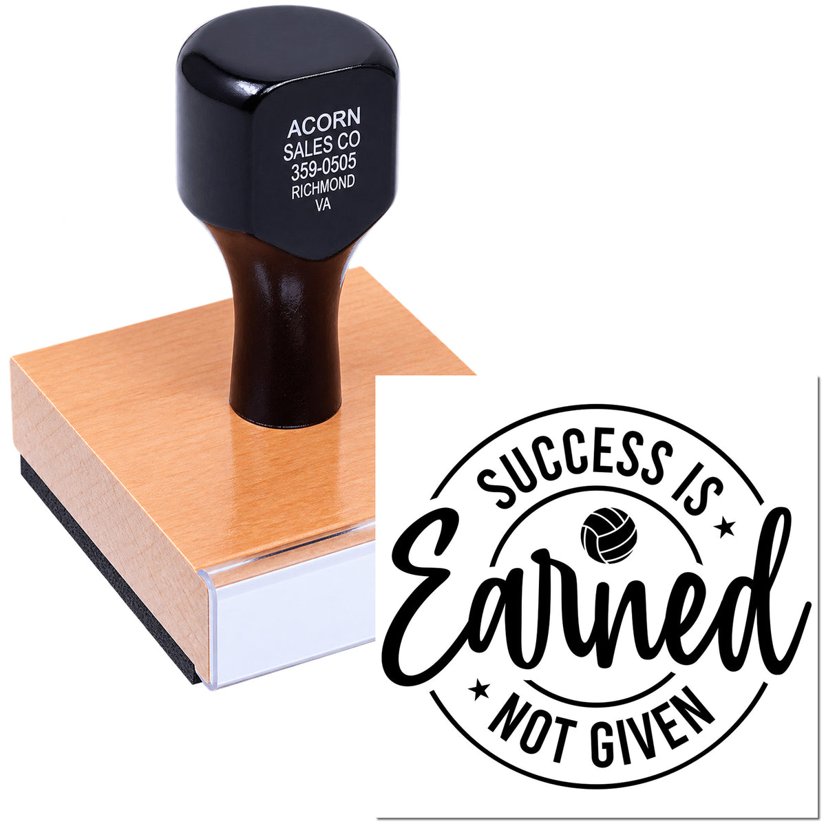 Custom rubber stamp with Success Is Earned Not Given design for motivational branding, business use, or awards.