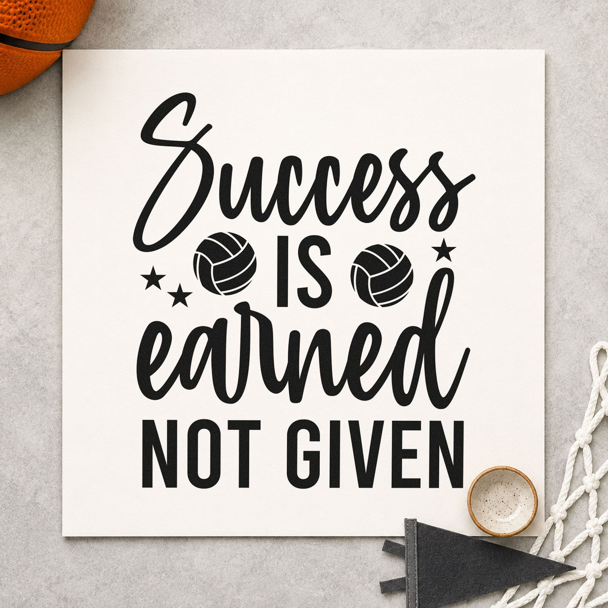 Success Earned Not Given rubber stamp printed in black ink, ready for two ball star cards and similar paper crafts.