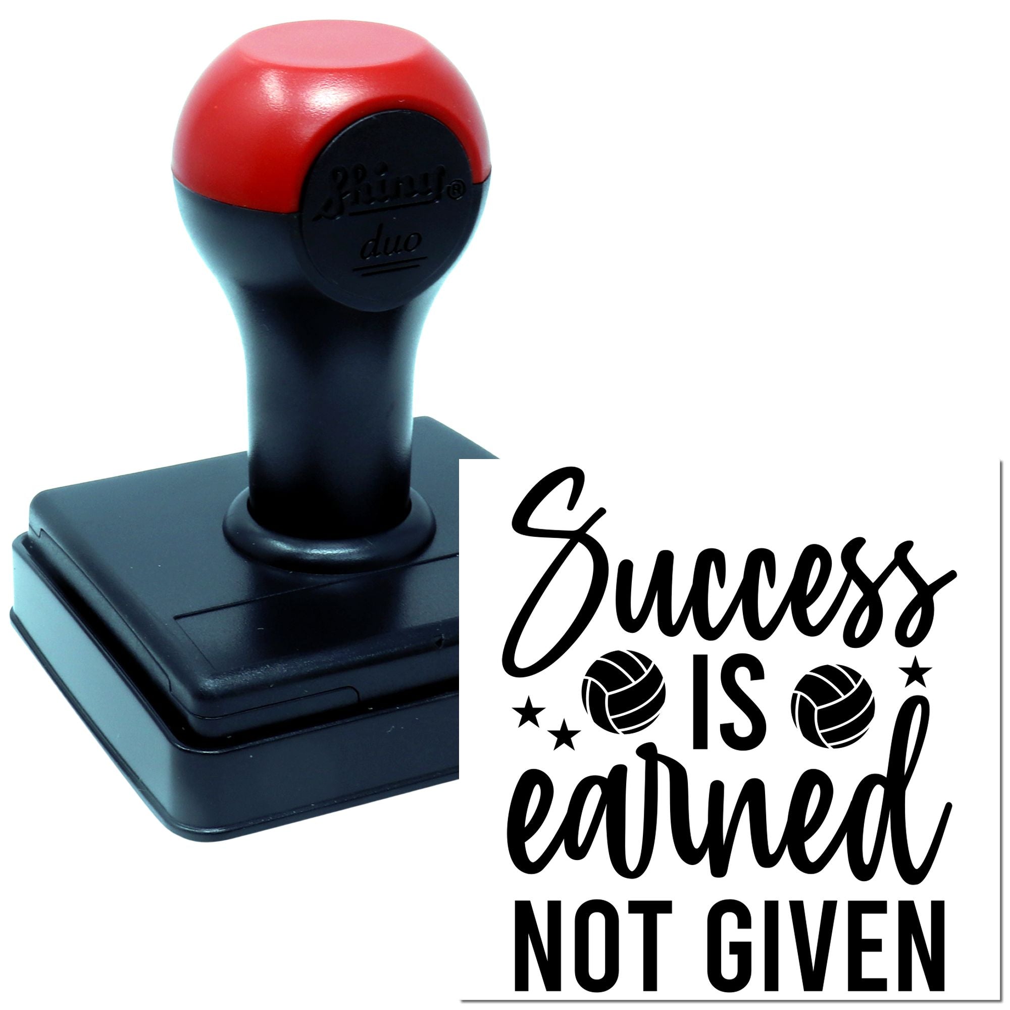 Self-inking rubber stamp with motivational Success is earned, not given imprint for business branding and crafts.
