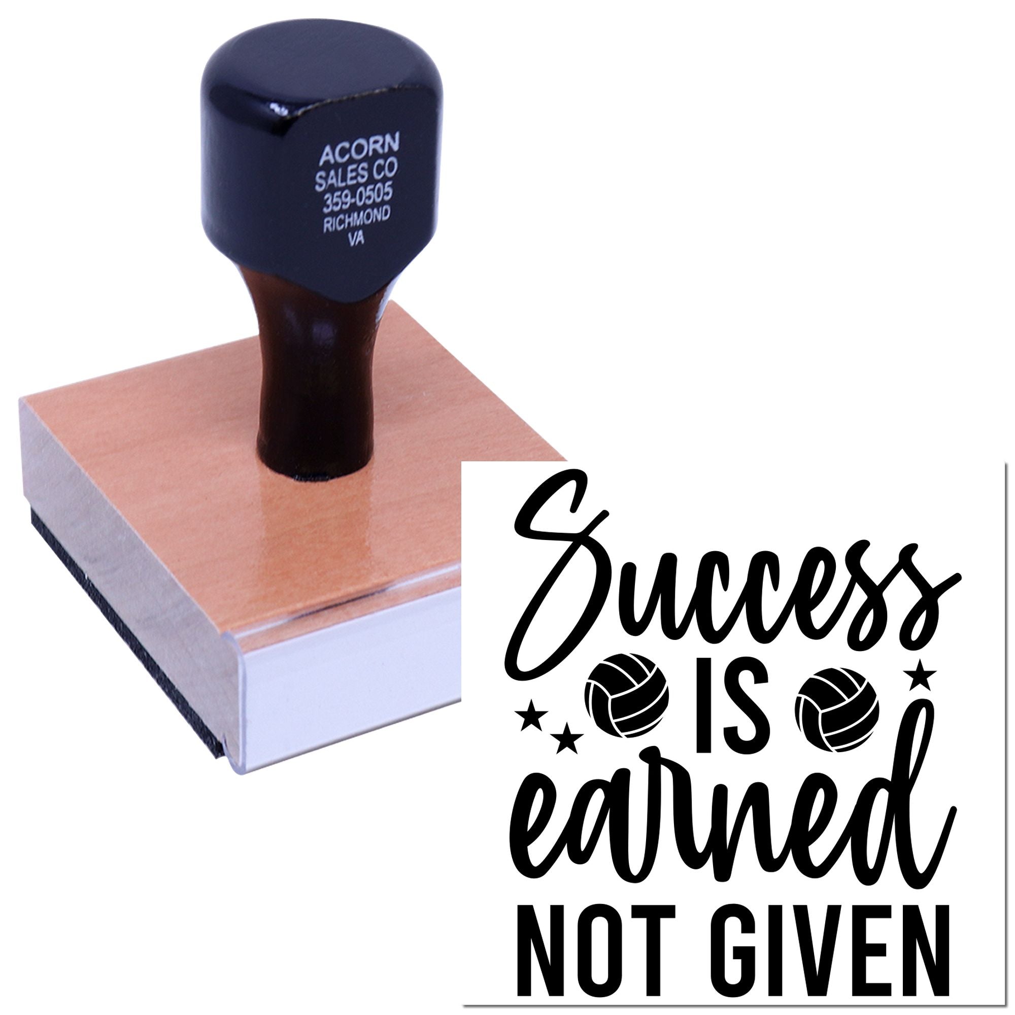Custom rubber stamp with motivational message "Success is earned, not given" for business and office use.