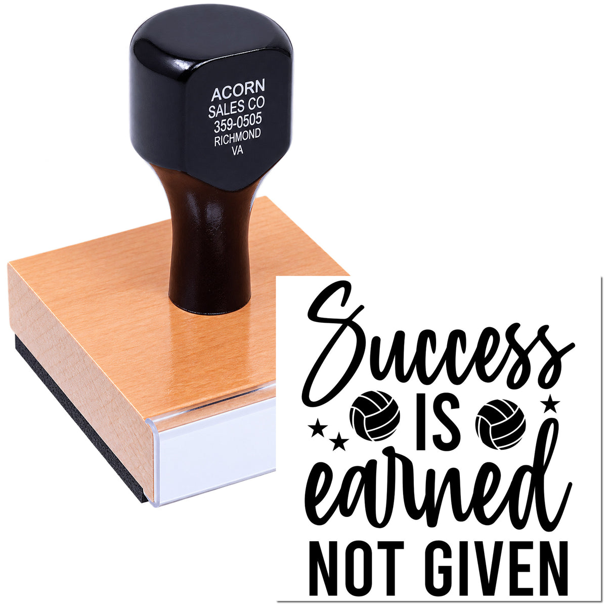 Custom rubber stamp with motivational message "Success is earned, not given" for business and office use.
