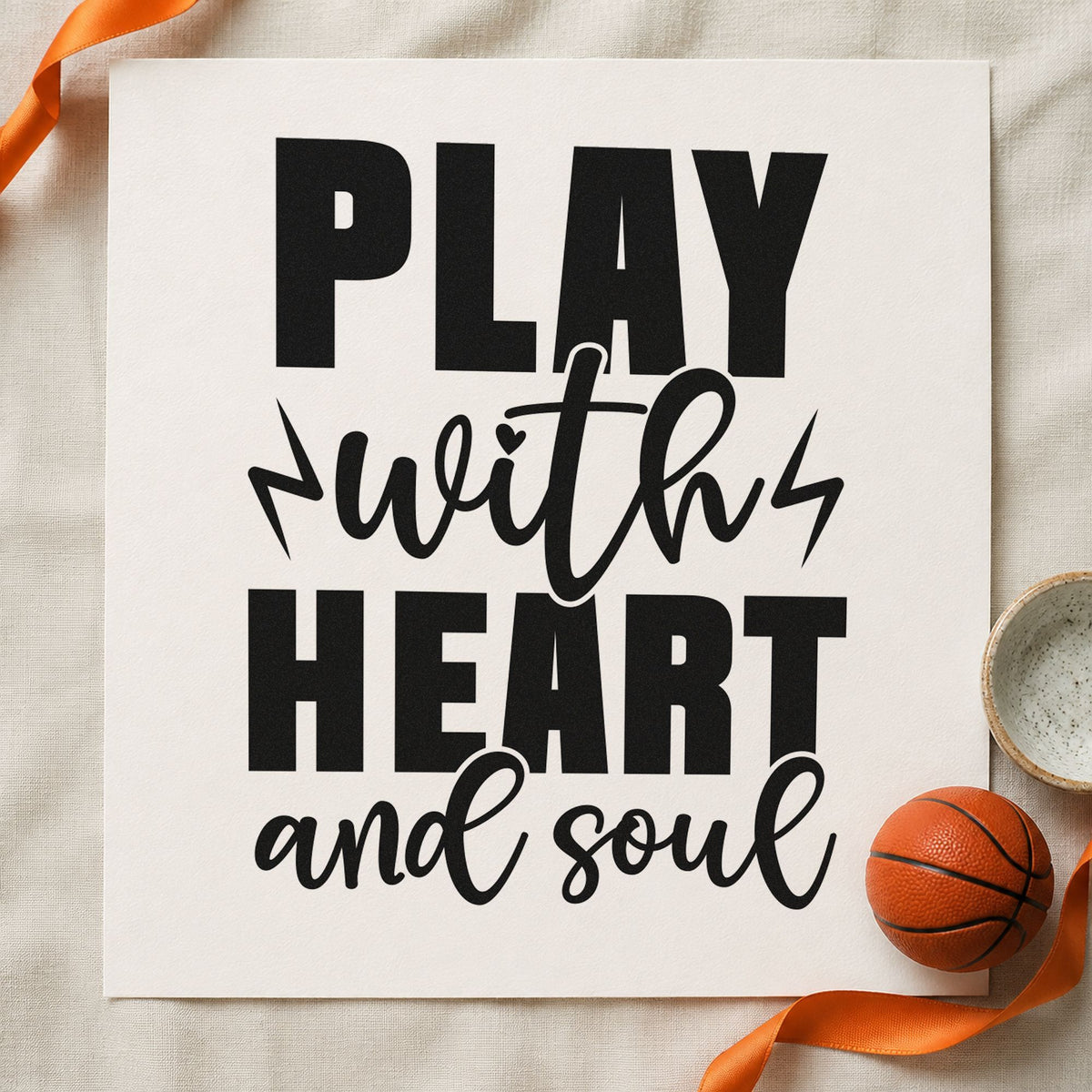 Play With Heart Soul craft stamp imprint in black ink on a handmade project, one idea being jersey gift tags.