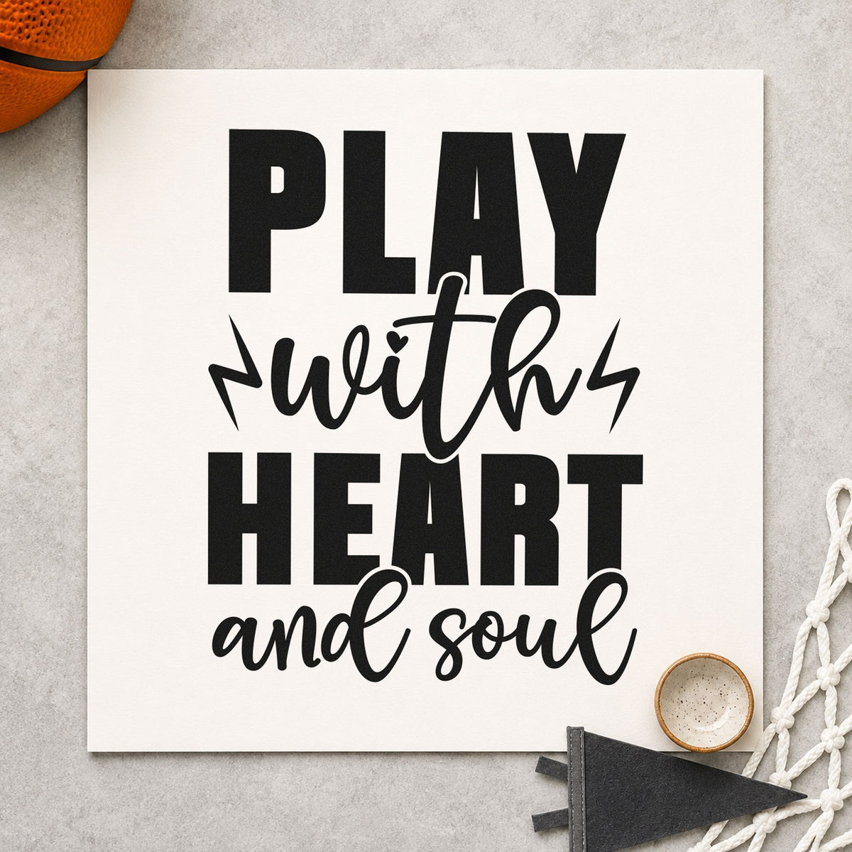 Play With Heart Soul rubber stamp printed in black ink, ready for match stat sheet and similar paper crafts.