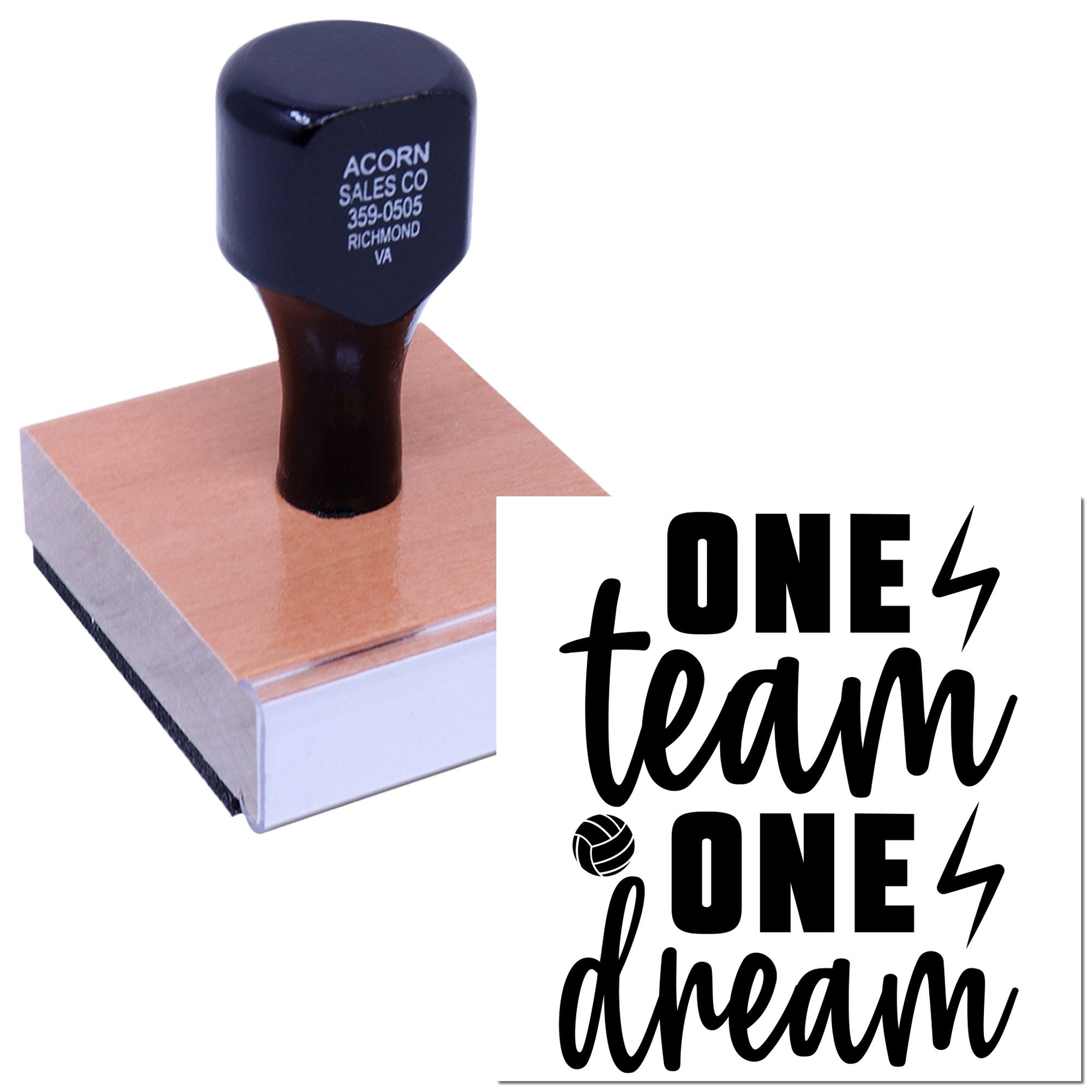 Custom rubber stamp with One Team One Dream sports design for volleyball team branding and motivational messages.