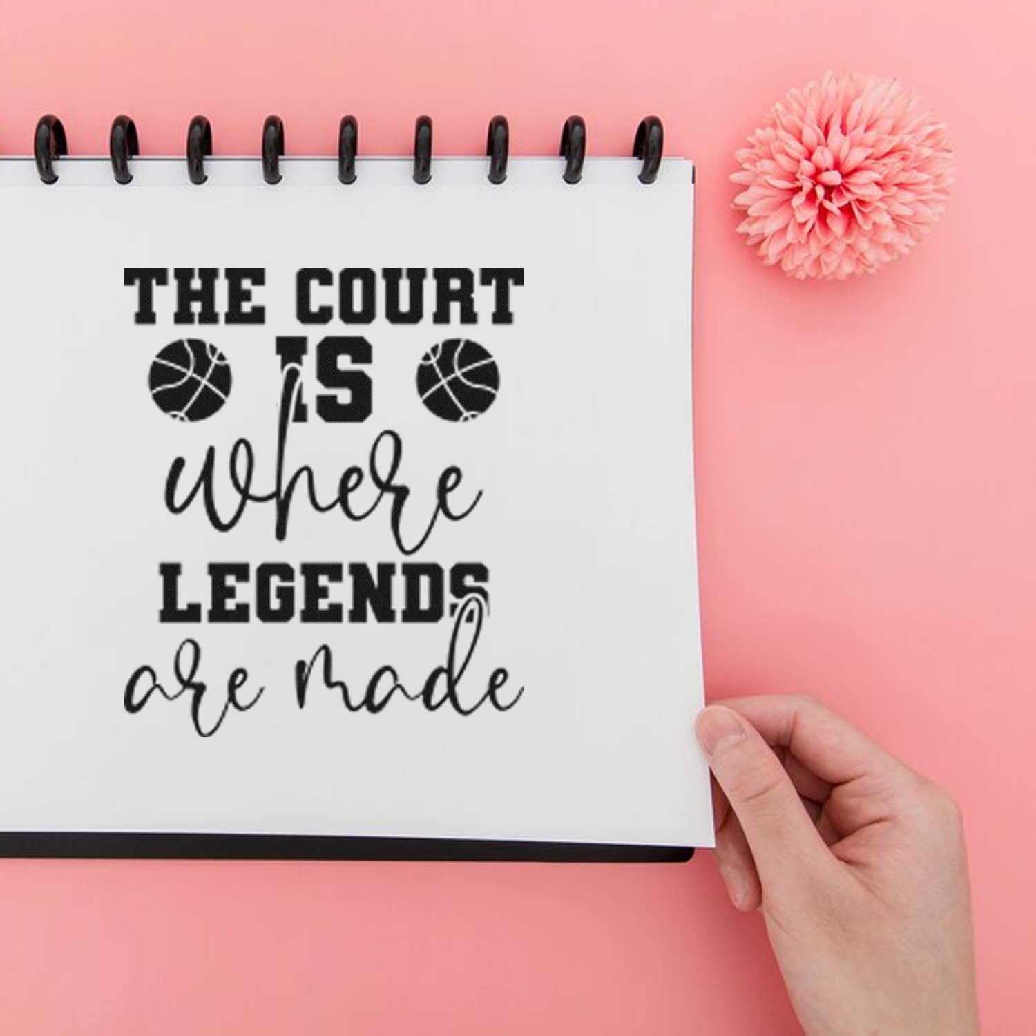 Basketball rubber stamp design reading The court is where legends are made on a notebook, ideal for coach or team gifts.