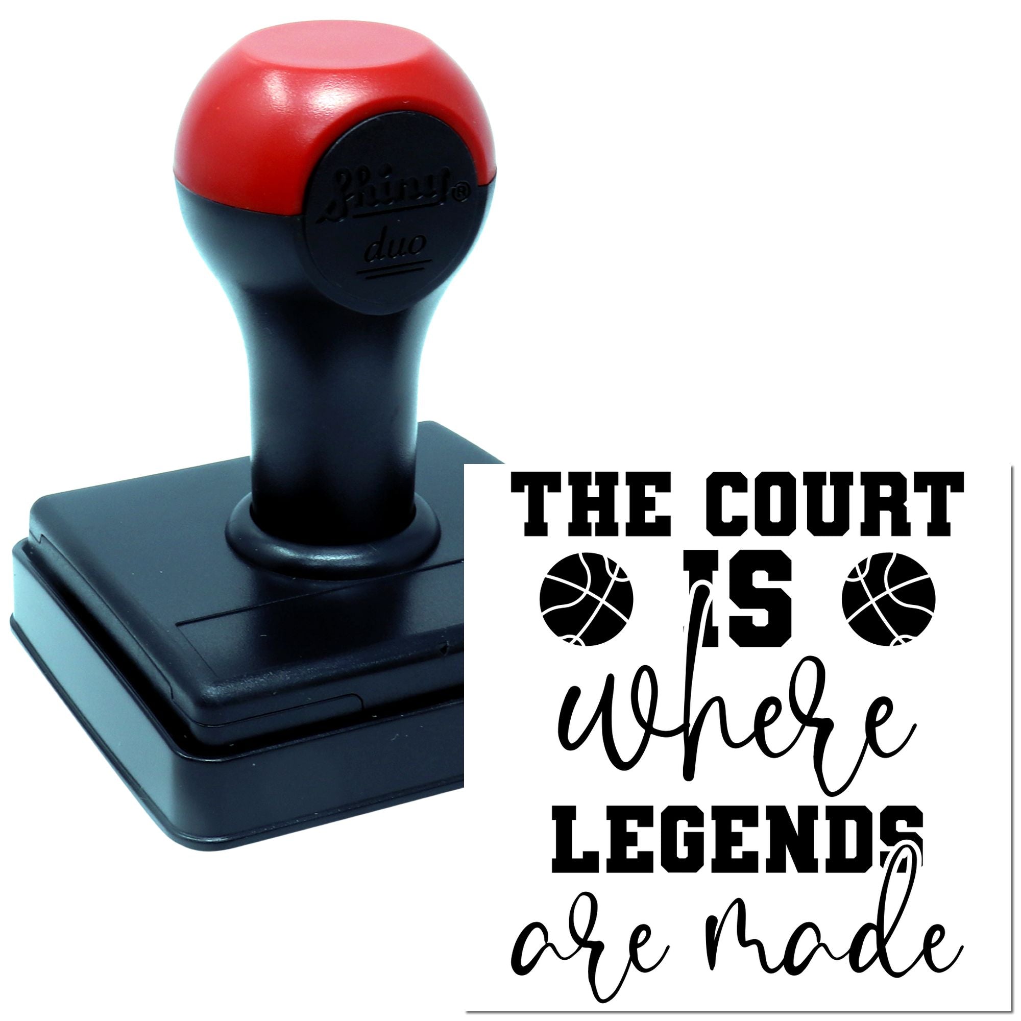 Self-inking basketball court rubber stamp with The Court Is Where Legends Are Made design for sports crafts and fan projects.