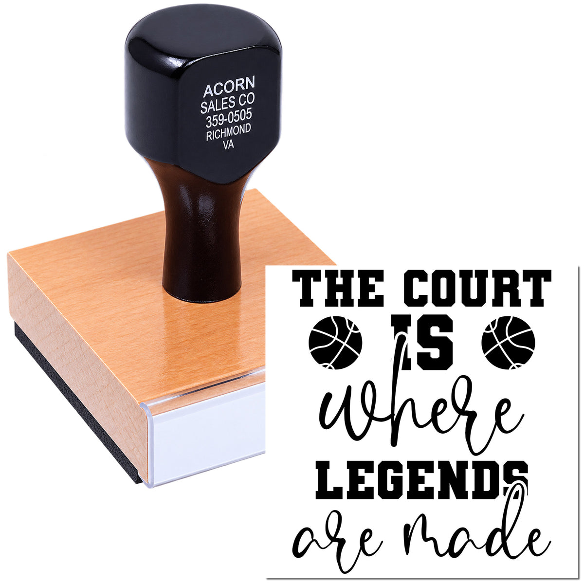 Custom basketball rubber stamp with The court is where legends are made quote for sports-themed branding and crafts.