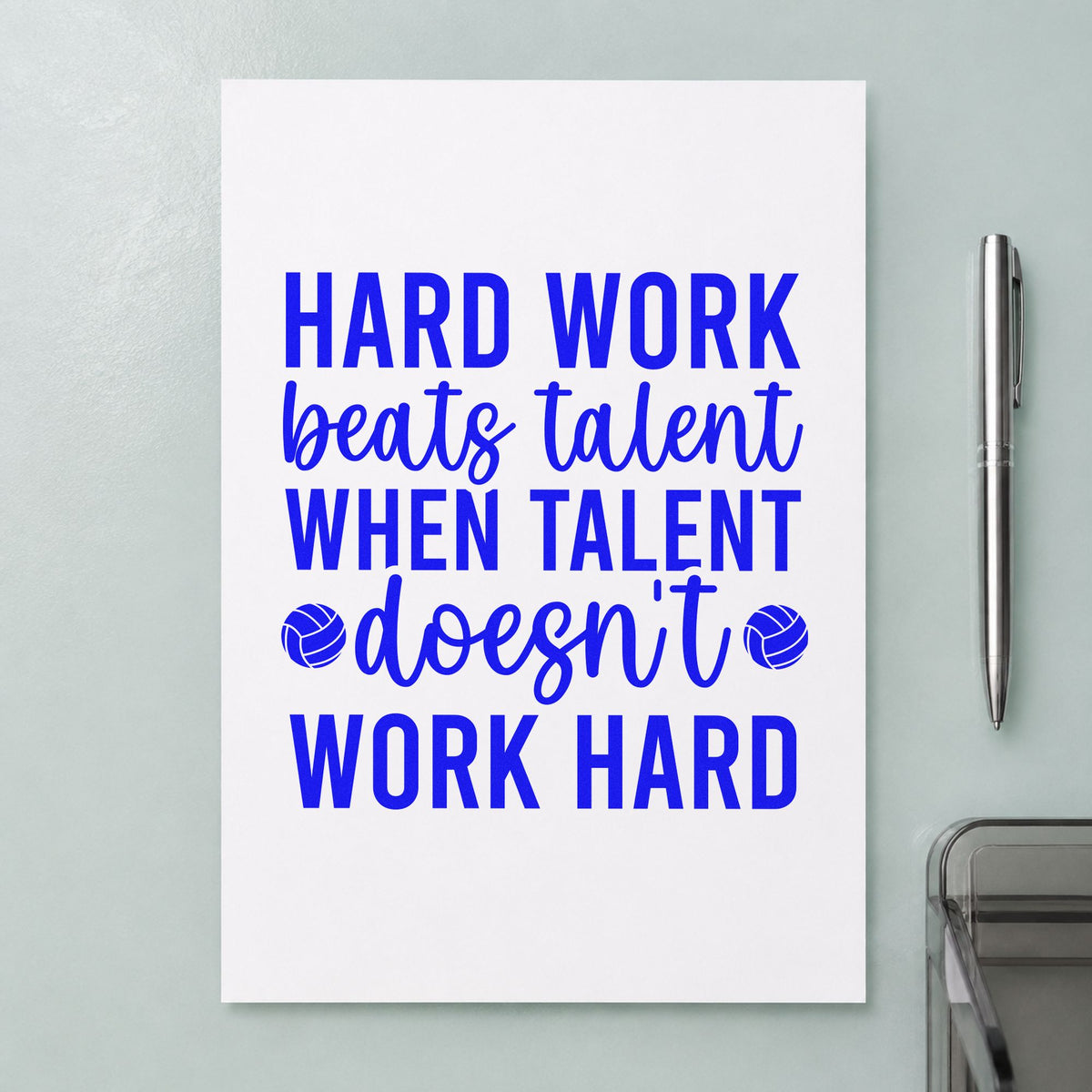 Hard Work Beats Talent craft stamp in blue ink on cardstock, an easy option for camp tee printing.