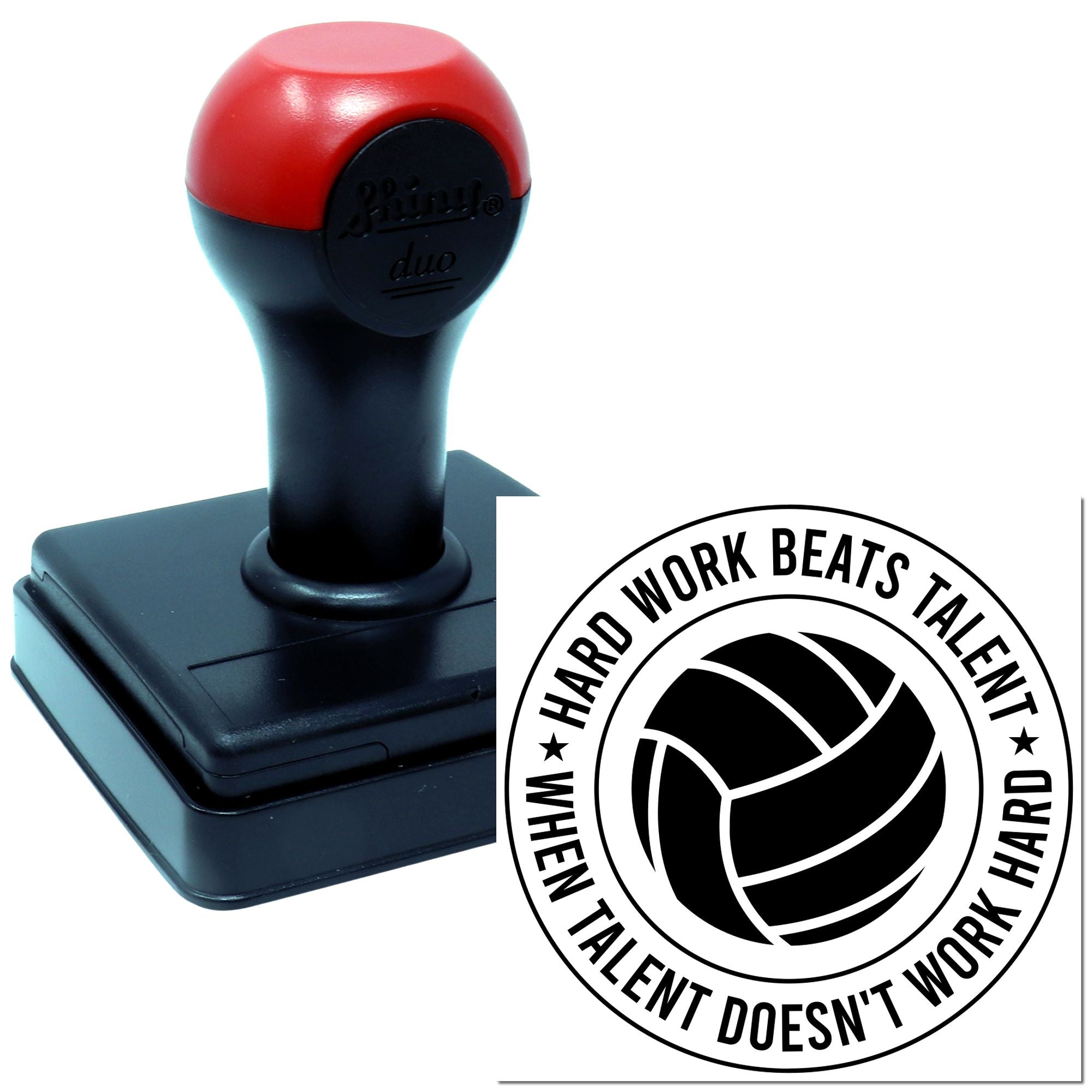 Custom self-inking rubber stamp with volleyball quote: Hard work beats talent when talent doesnt work hard team design.