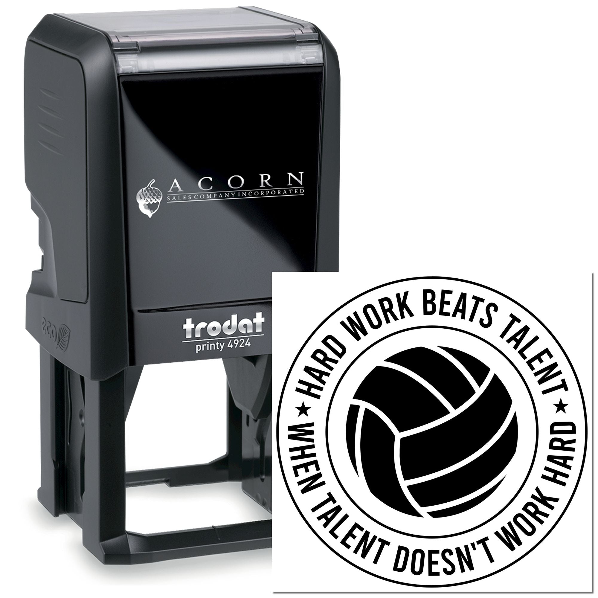 Custom self-inking rubber stamp with round motivational logo, Trodat Printy 4924 for business branding and labeling.