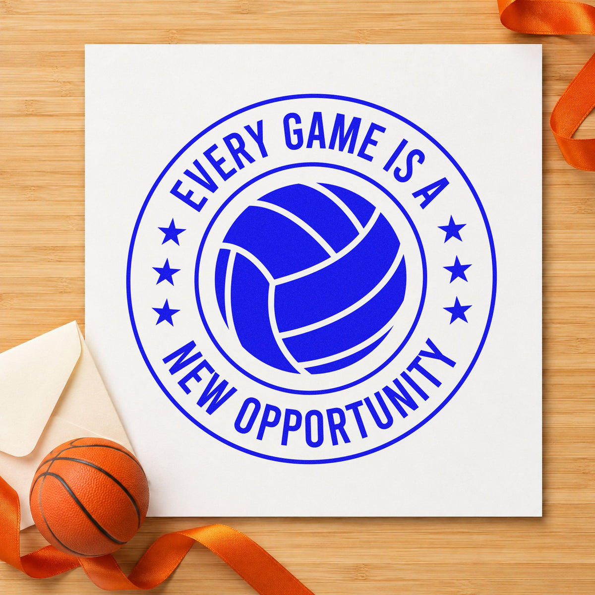 Every Game New Opportunity craft stamp imprinted in blue ink on paper, a design suited to framed check in tent.