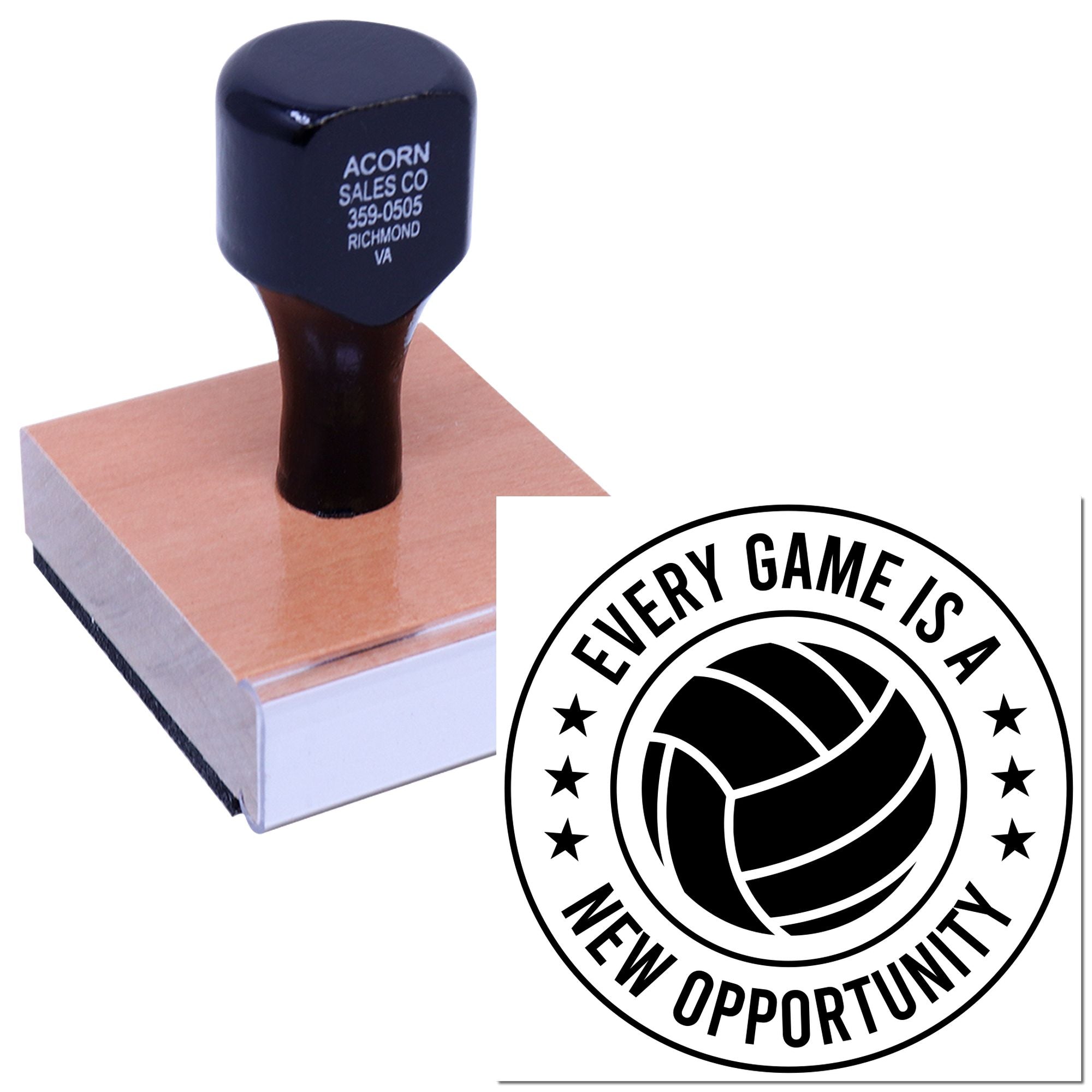 Custom volleyball rubber stamp with Every Game Is a New Opportunity logo for team branding and sports promotions.
