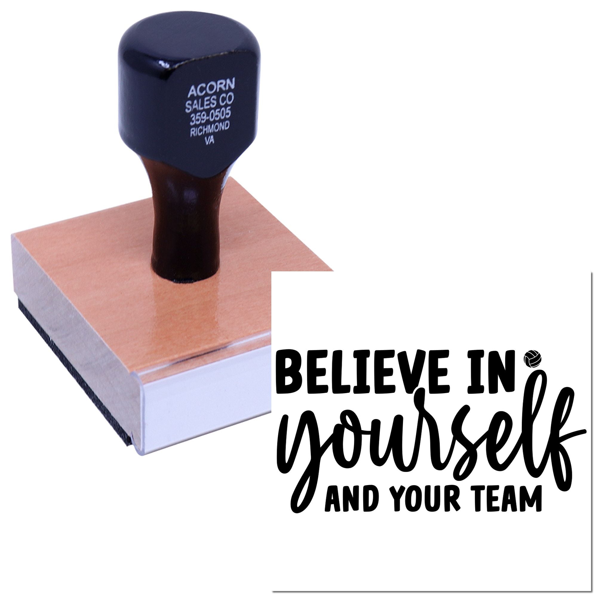 Custom rubber stamp with Believe in yourself and your team volleyball design for motivational team sports and coaching.