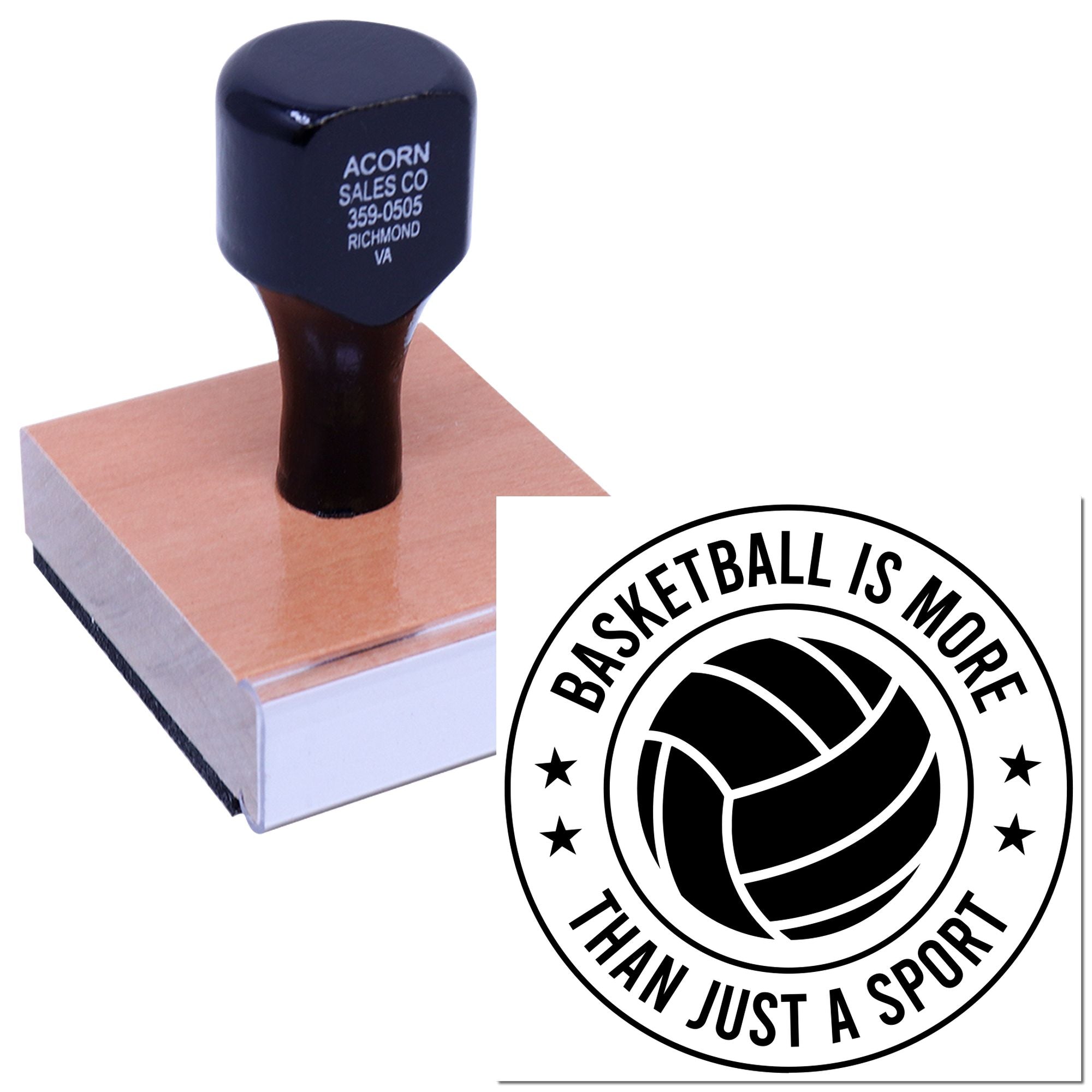 Custom basketball rubber stamp with circular logo and slogan, ideal for sports teams, clubs, and fan merchandise.