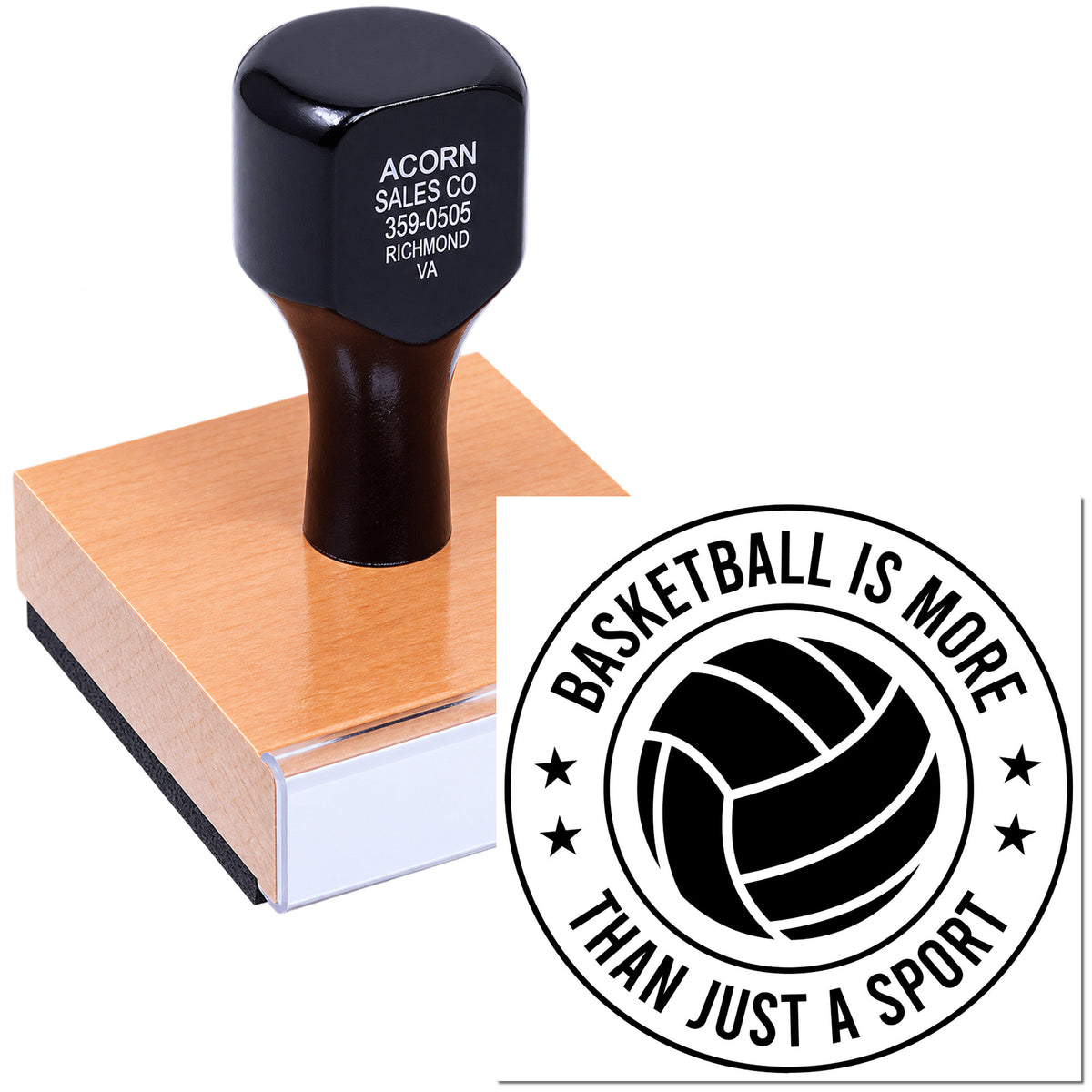Custom basketball rubber stamp with circular logo and slogan, ideal for sports teams, clubs, and fan merchandise.