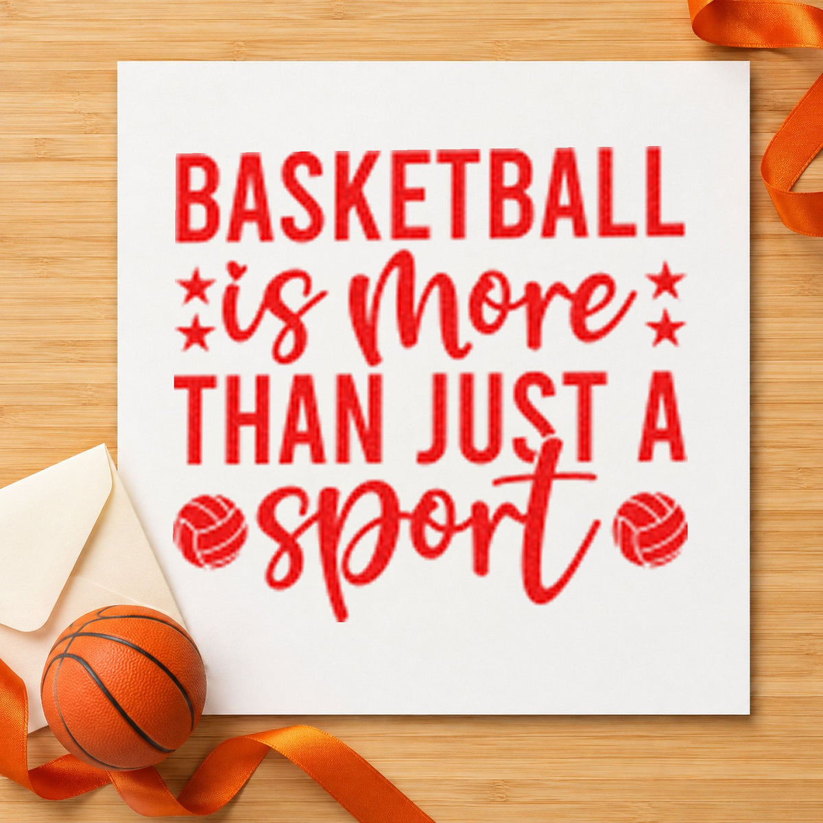 Basketball More Than Sport rubber stamp shown in red ink, stamped for projects such as bin program labels.