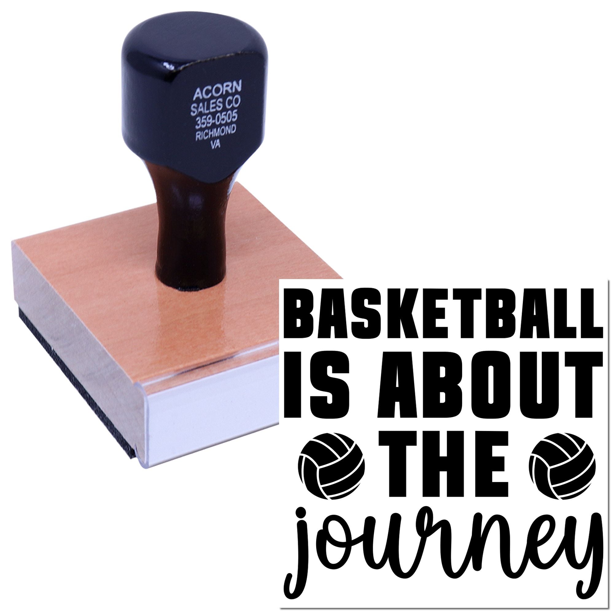 Basketball rubber stamp with quote Basketball is about the journey and basketball icons for coaches and teams.