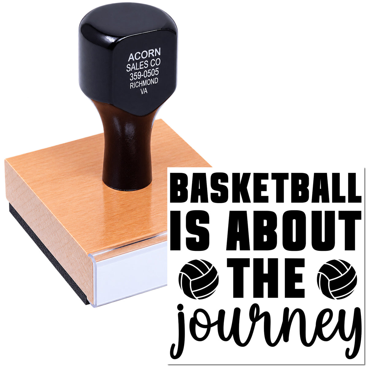 Basketball rubber stamp with quote Basketball is about the journey and basketball icons for coaches and teams.