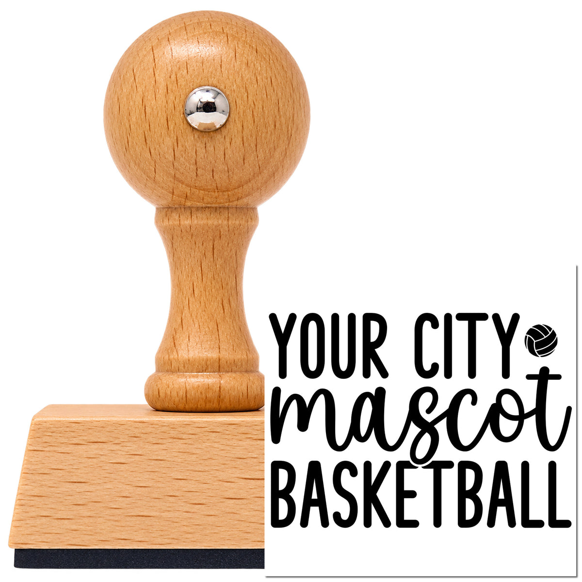 Your City Mascot Basketball Word Art Vintage Pro rubber stamp in European beech wood with a round knob handle, shown beside its black imprint.