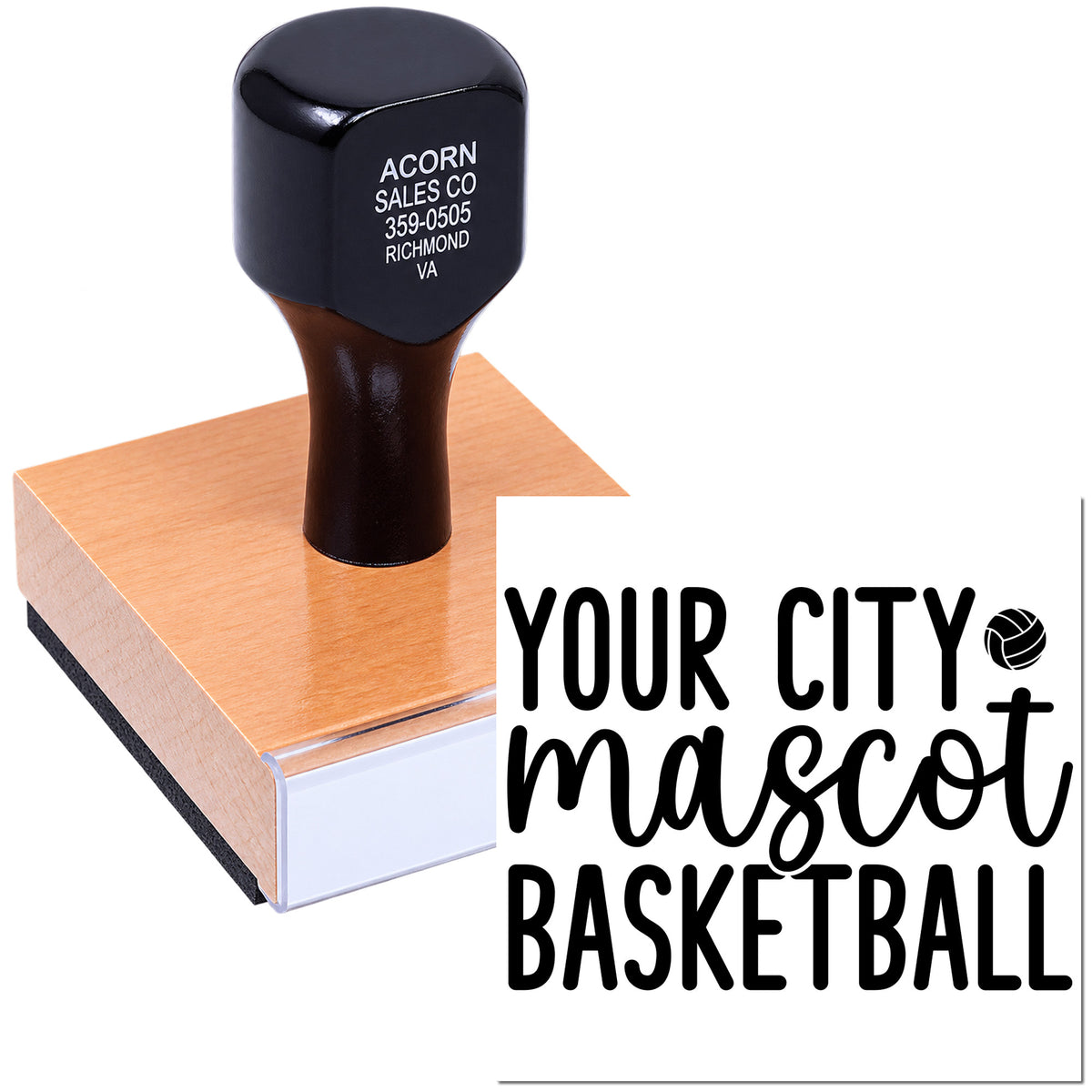 Custom rubber stamp for city mascot basketball branding, shown with mounted stamp and sample impression.