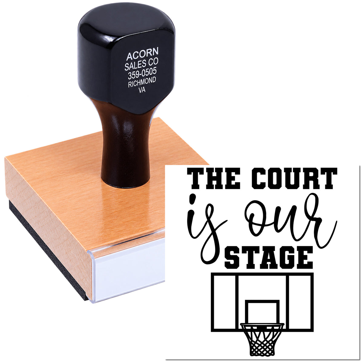 Basketball-themed custom rubber stamp with The Court Is Our Stage design for team branding, schools, and sports events.