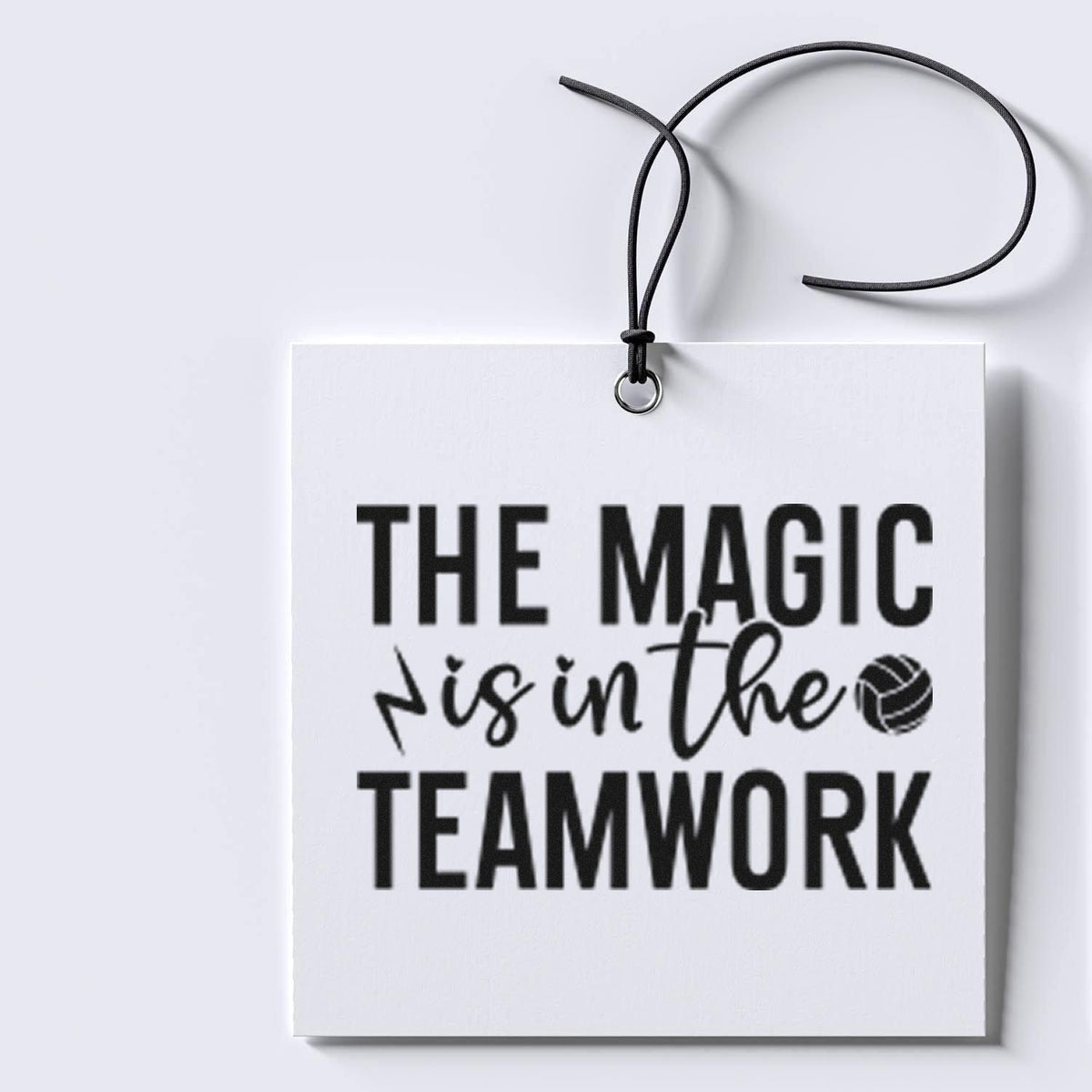 Rubber stamp design with quote The magic is in the teamwork on a hanging tag, ideal for team appreciation gifts.