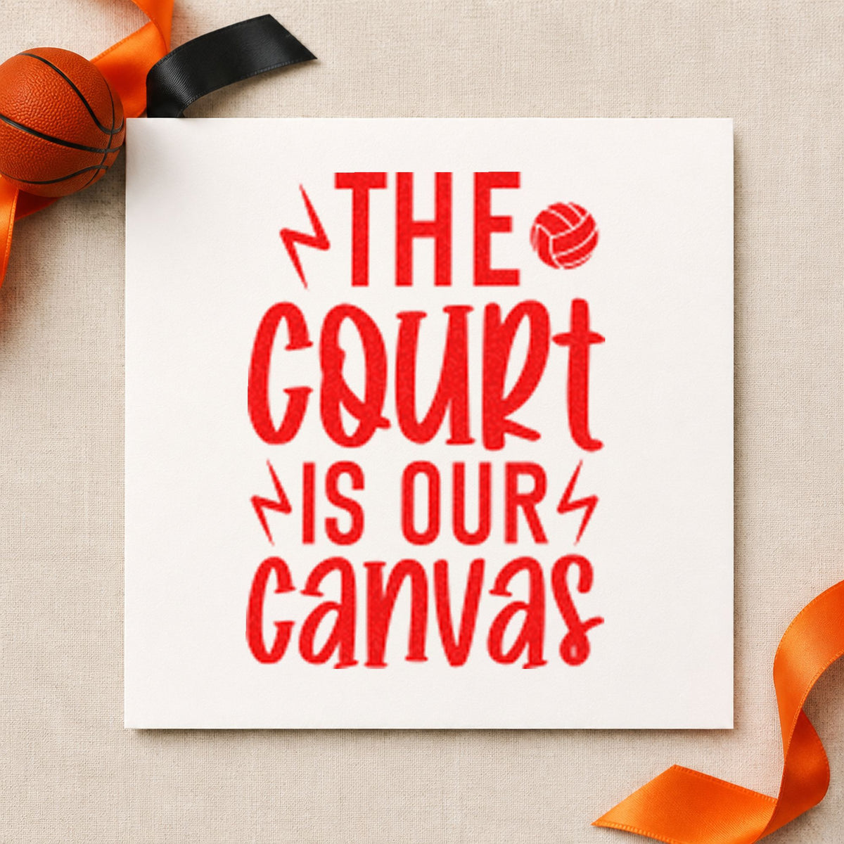 Court Is Our Canvas rubber stamp shown in red ink, stamped for projects such as bin brush labels.