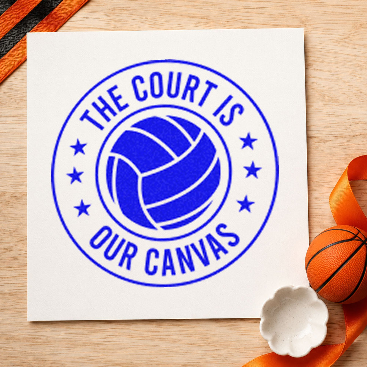 Court Our Canvas Badge craft stamp imprinted in blue ink on paper, a design suited to framed gym corridor.