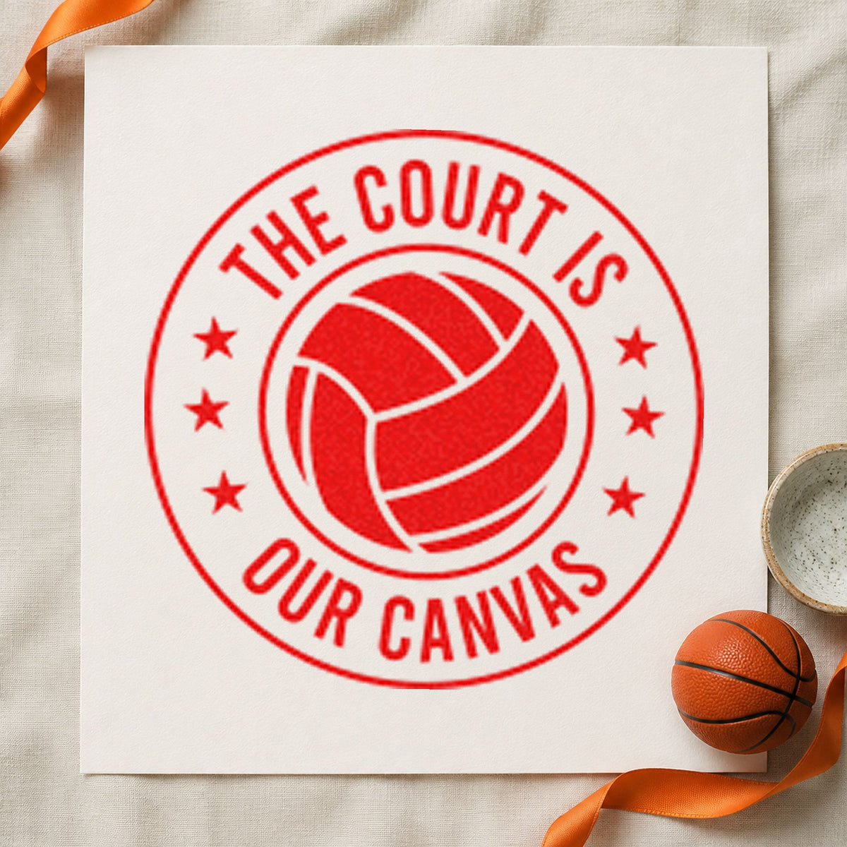 Court Our Canvas Badge rubber stamp shown in red ink, stamped for projects such as drawer game labels.