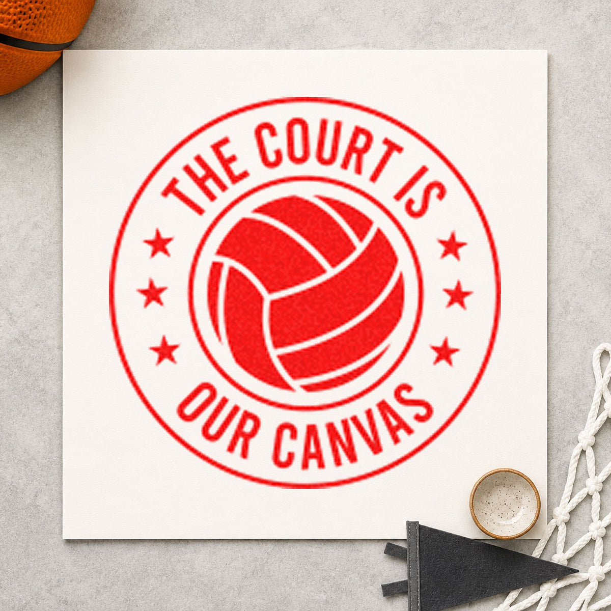 Court Our Canvas Badge craft stamp imprint in red ink on a handmade project, one idea being photo order cards.