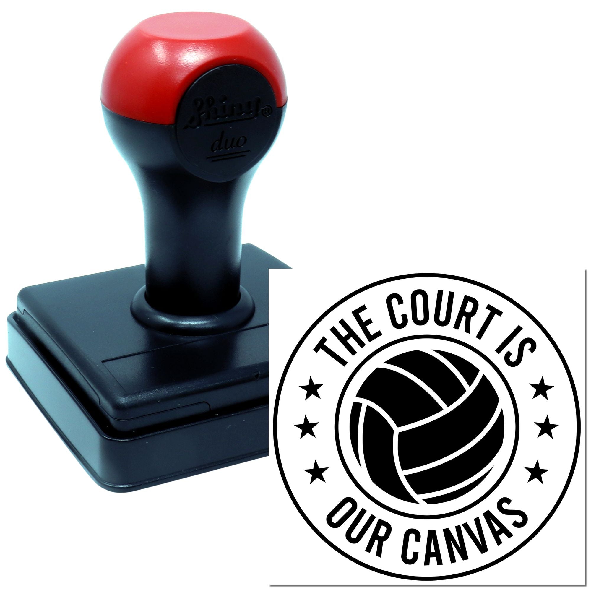 Custom self-inking rubber stamp with volleyball logo and The Court Is Our Canvas imprint.