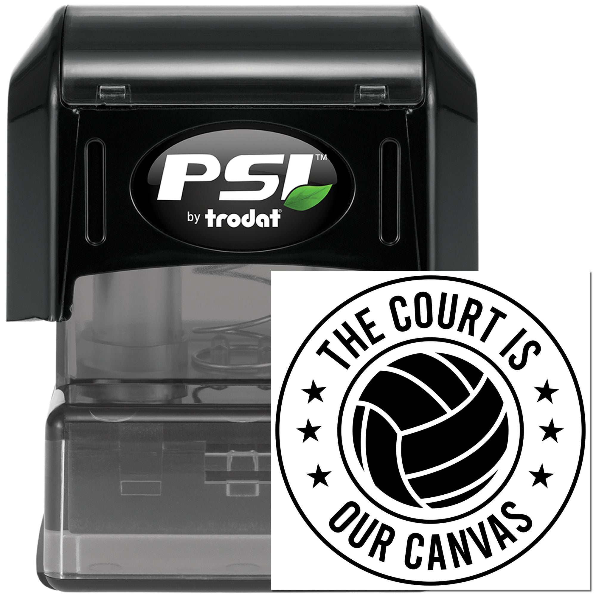 PSI by Trodat self-inking rubber stamp with volleyball logo and The Court Is Our Canvas custom imprint.